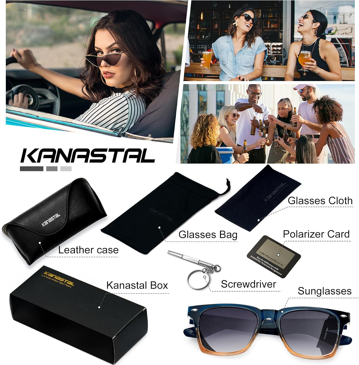 Detalle de KANASTAL Lunettes de soleil unisexes carrées polarisées UV400 monture TR90 et branches acétate