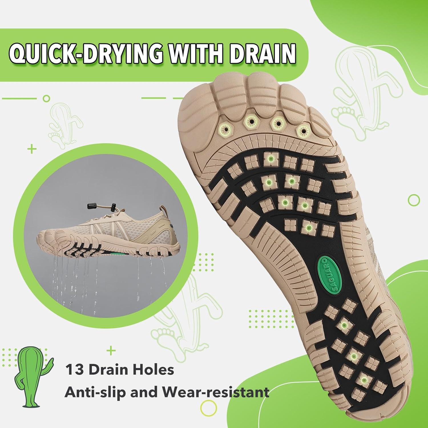 Detalle 2 de SAGUARO Unisex Barfuß Badeschuhe – rutschfeste, schnell trocknende Wasserschuhe mit Drainagelöchern, Größe 36–48