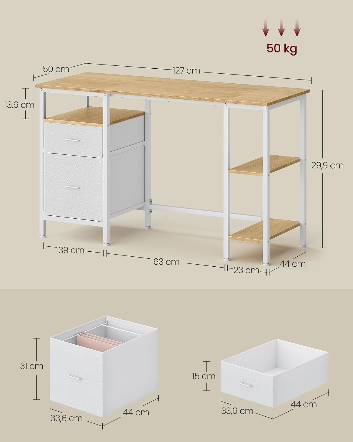 Detalle de VASAGLE Scrivania per Computer LWD103YD01 – Scrivania industriale in Rovere Naturale e Bianco Opaco, 127 x 50 x 76 cm