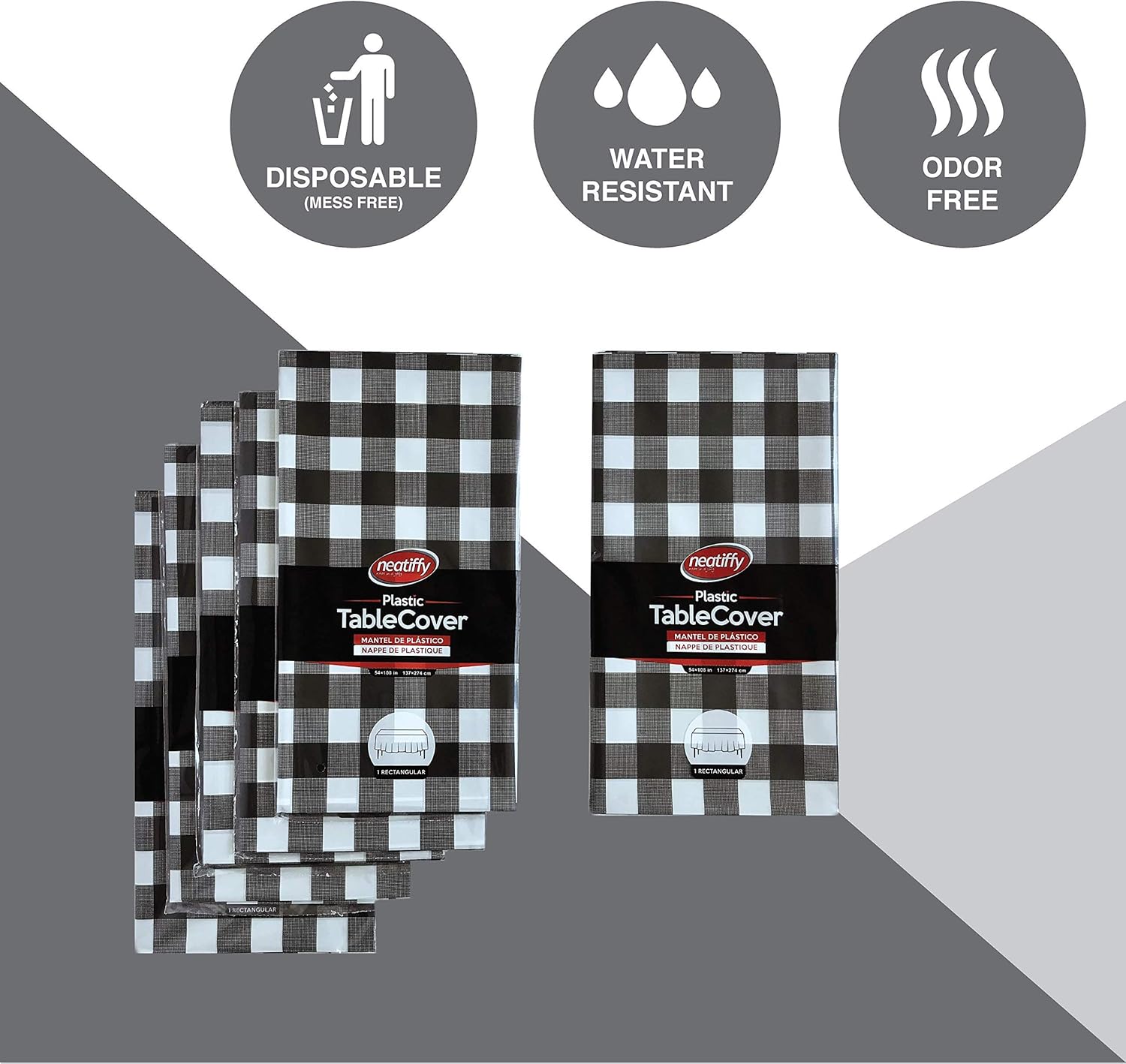 Detalle de Neatiffy 54 in x 108 Inch 6Pack Rectangle Plastic Table Cloth – Black Checkered