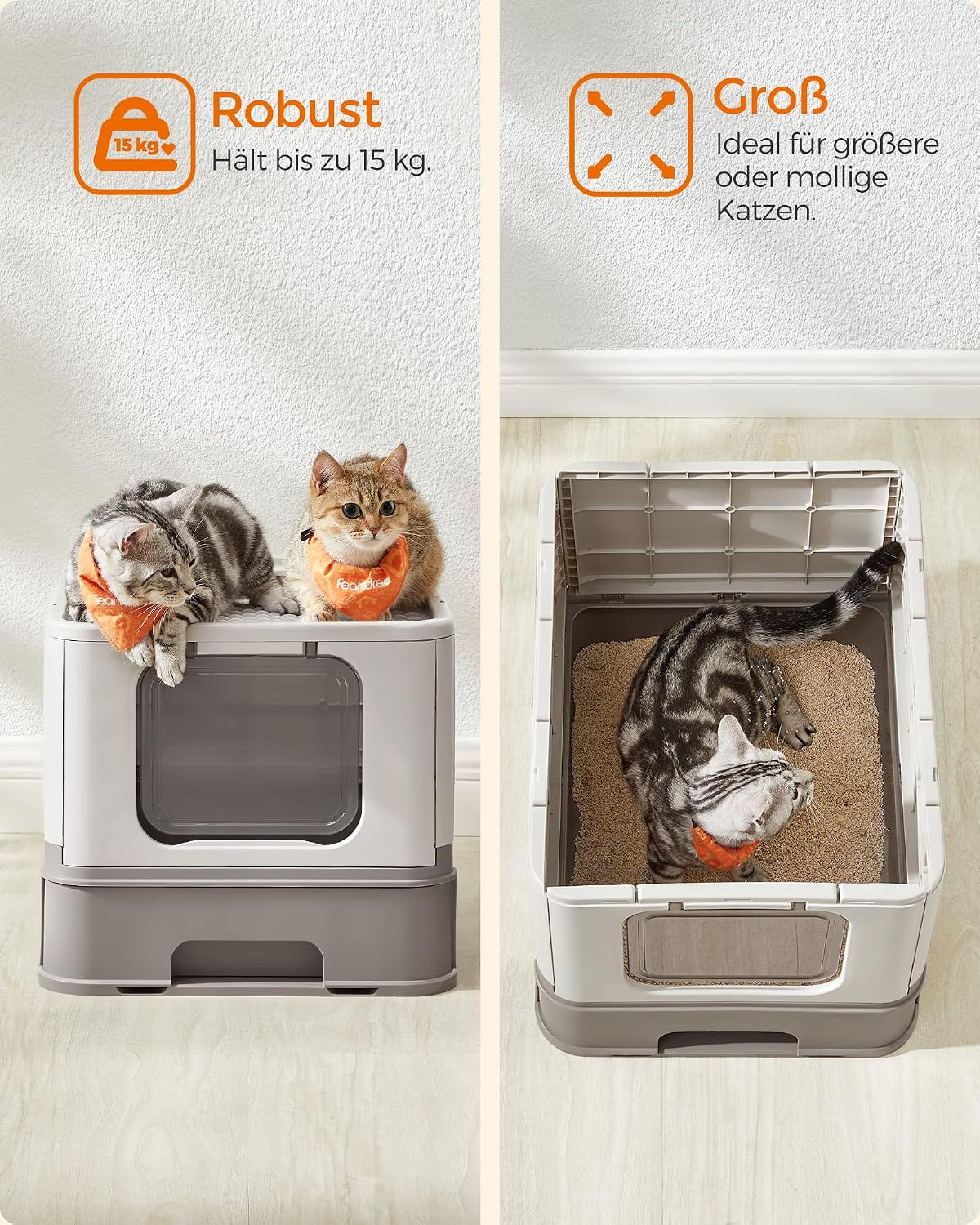 Thumbnail 6 de Feandrea Katzenklo 2er Set mit Deckel – großes Design für große Katzen, inkl. ausziehbarem Tablett, Schaufel und Bürste