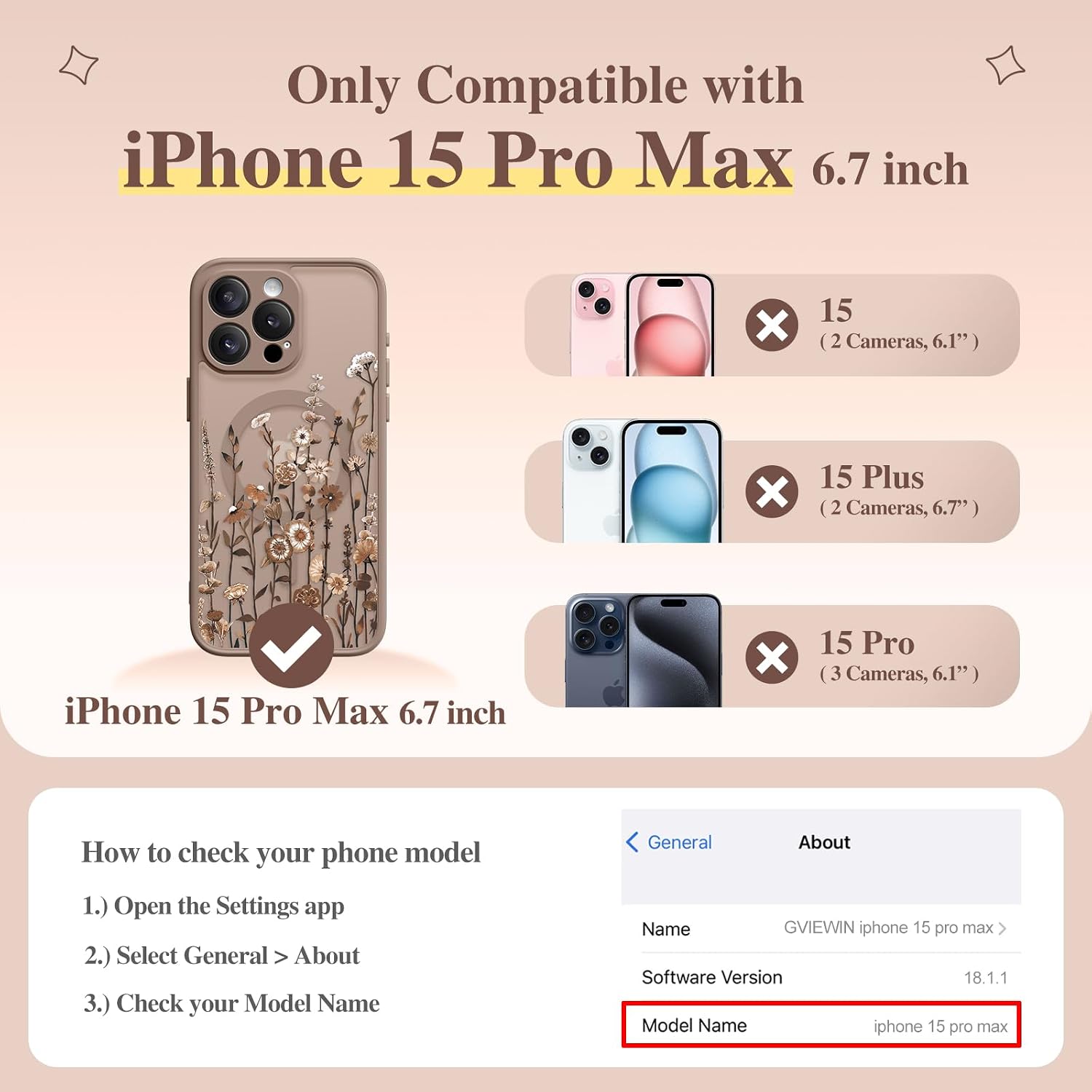 Thumbnail 1 de GVIEWIN iPhone 15 Pro Max Case with MagSafe — Floratopia Floral Translucent, Screen Protector & Full Camera Protection