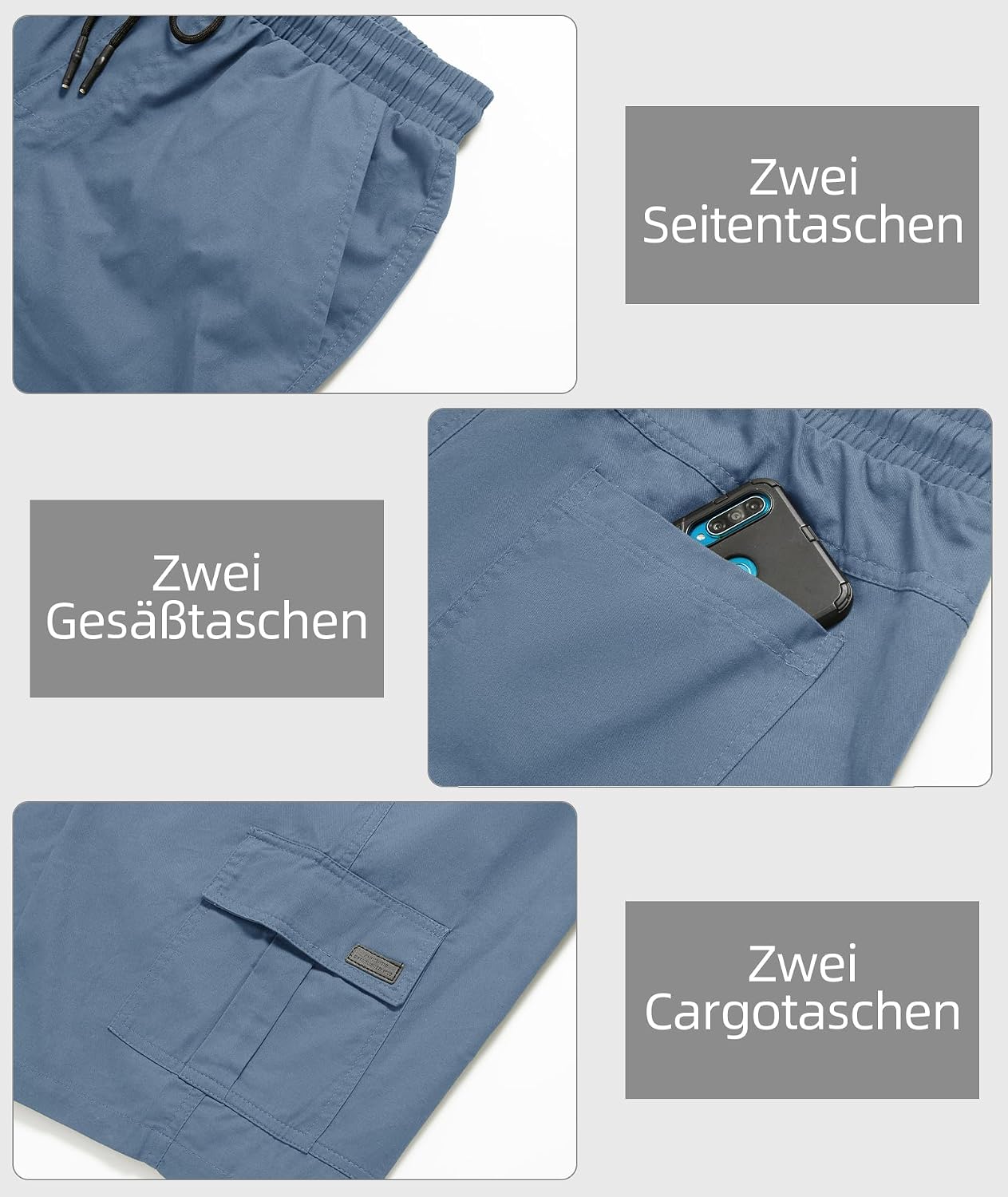 Detalle de JACKETOWN Kurze Cargo Shorts Herren – elastischer Bund, 6 Taschen, Baumwolle Sommer
