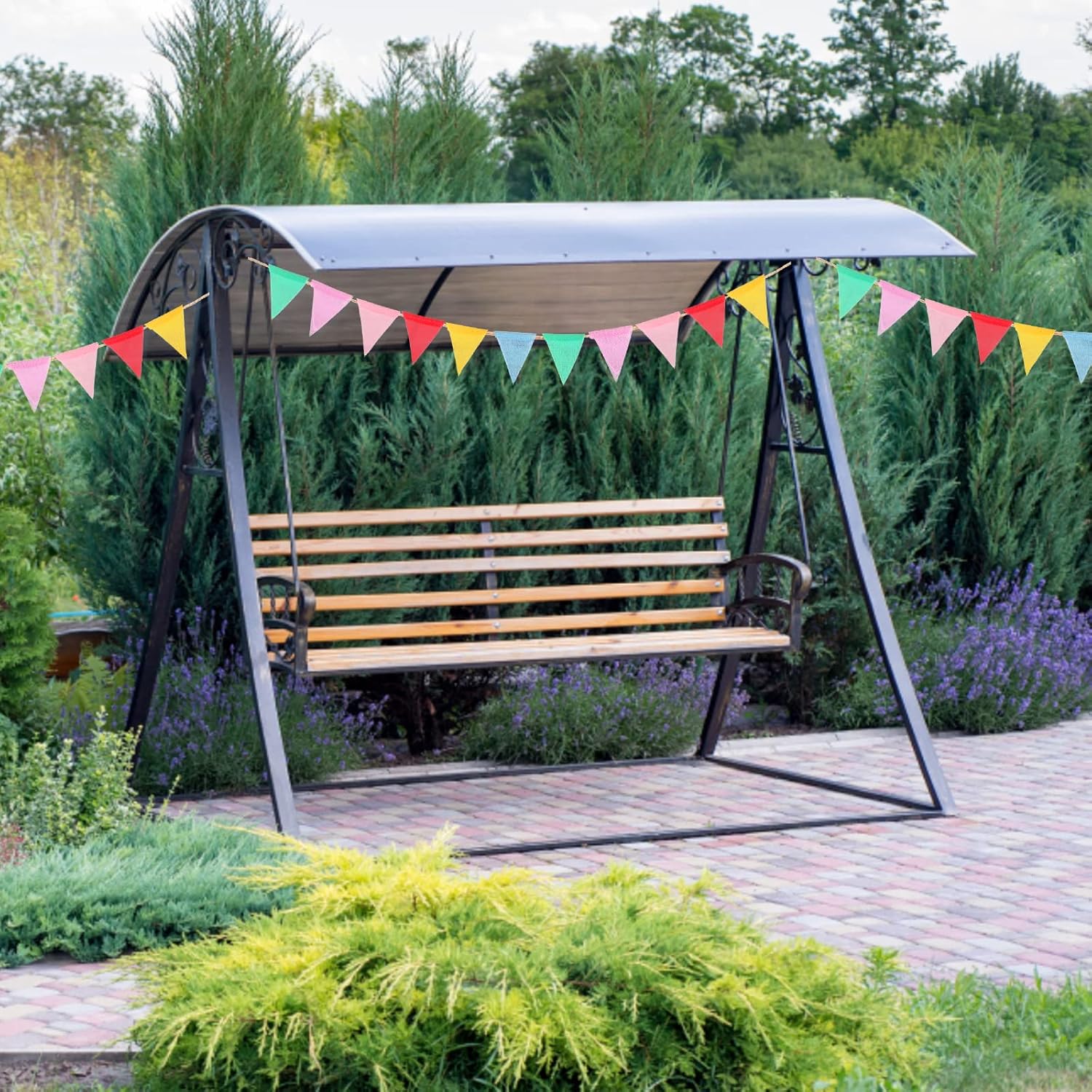 Detalle de G2PLUS 12 m Wimpelkette Outdoor Pastell – 48 Fahnen, wetterfestes Flaggenbanner für Garten und Party-Deko