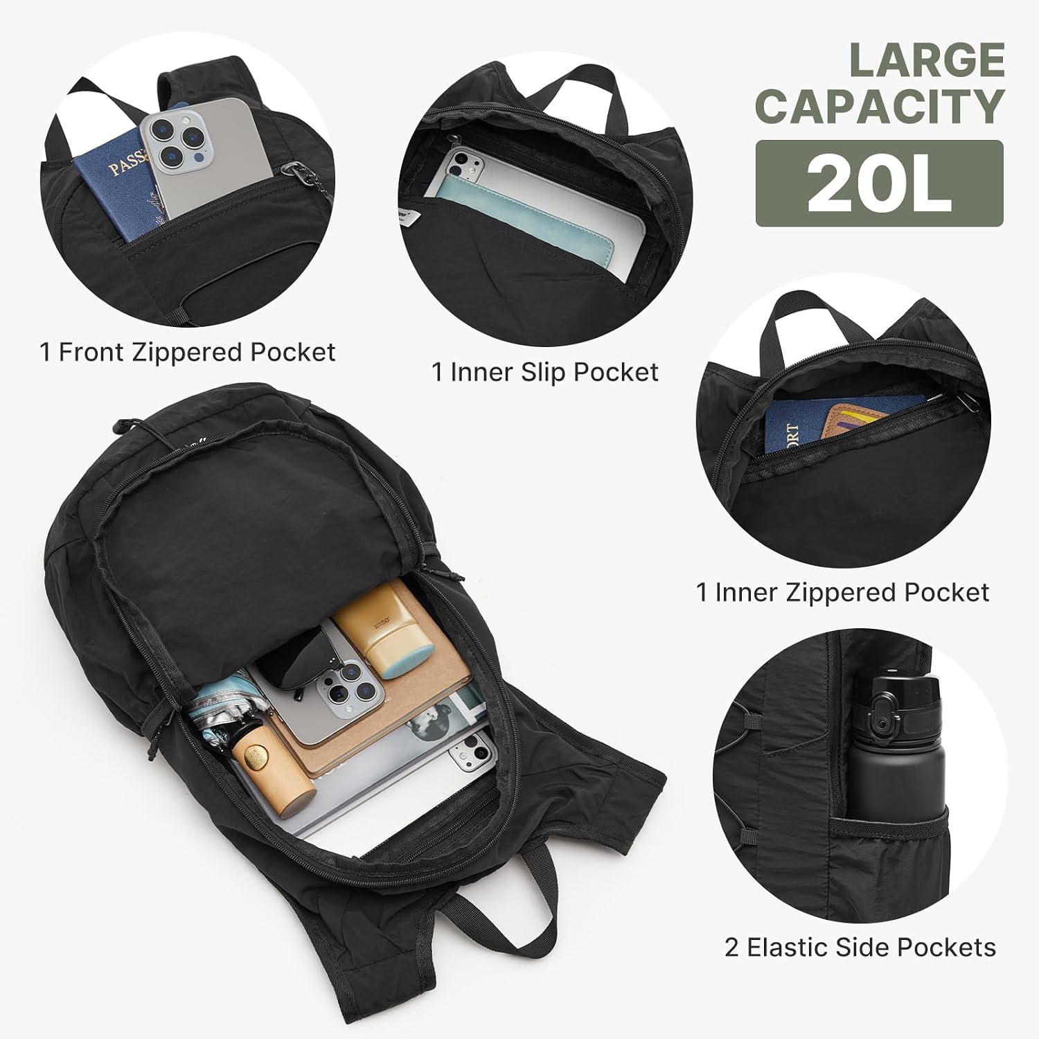 Detalle de G4Free 20L Packable Hiking Backpack, Water-Repellent Nylon Daypack