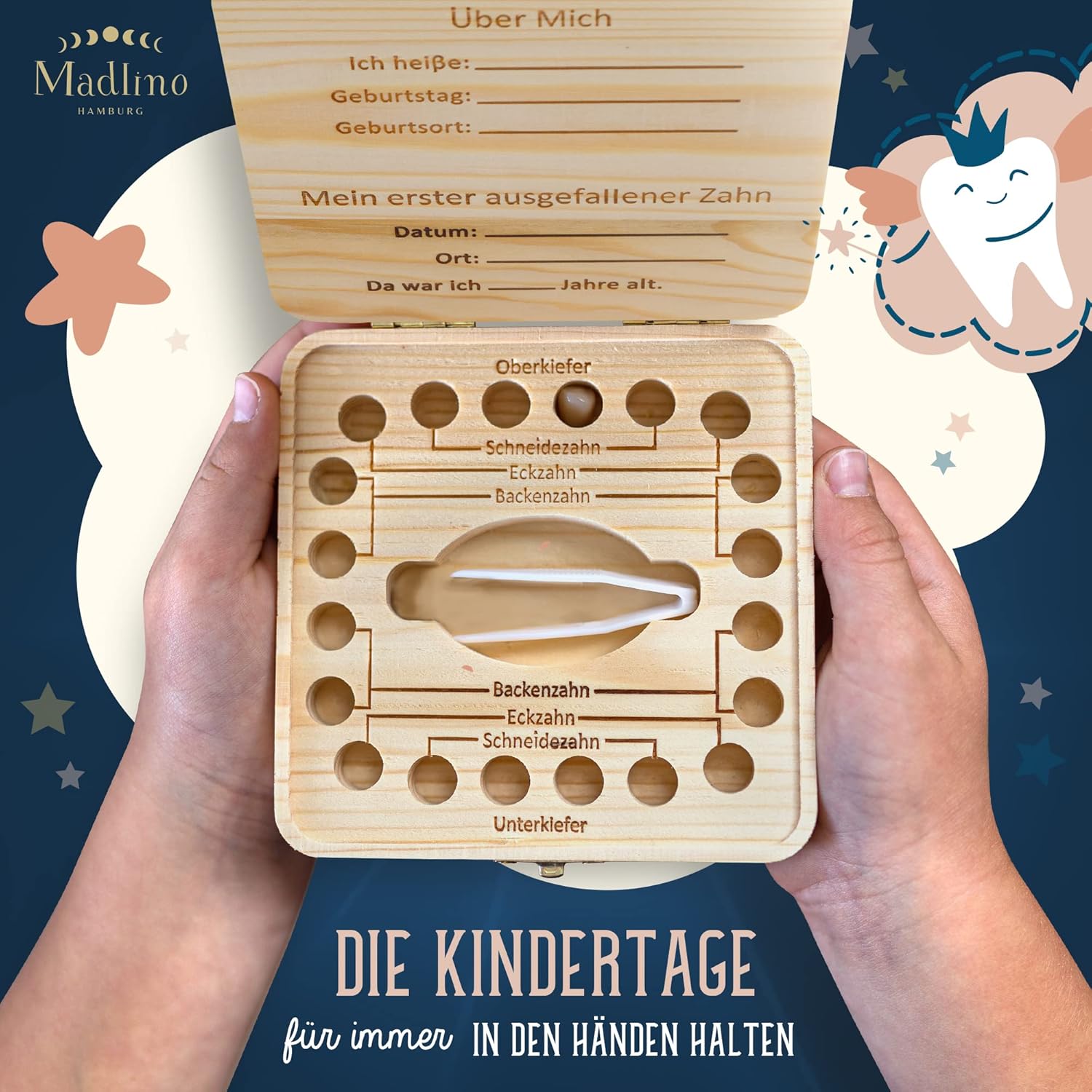 Thumbnail 1 de Madlino Zahndose „Milchzähne“ für Mädchen & Jungen inkl. Zahnfee-Brief & Lupe – personalisiert aus Holz