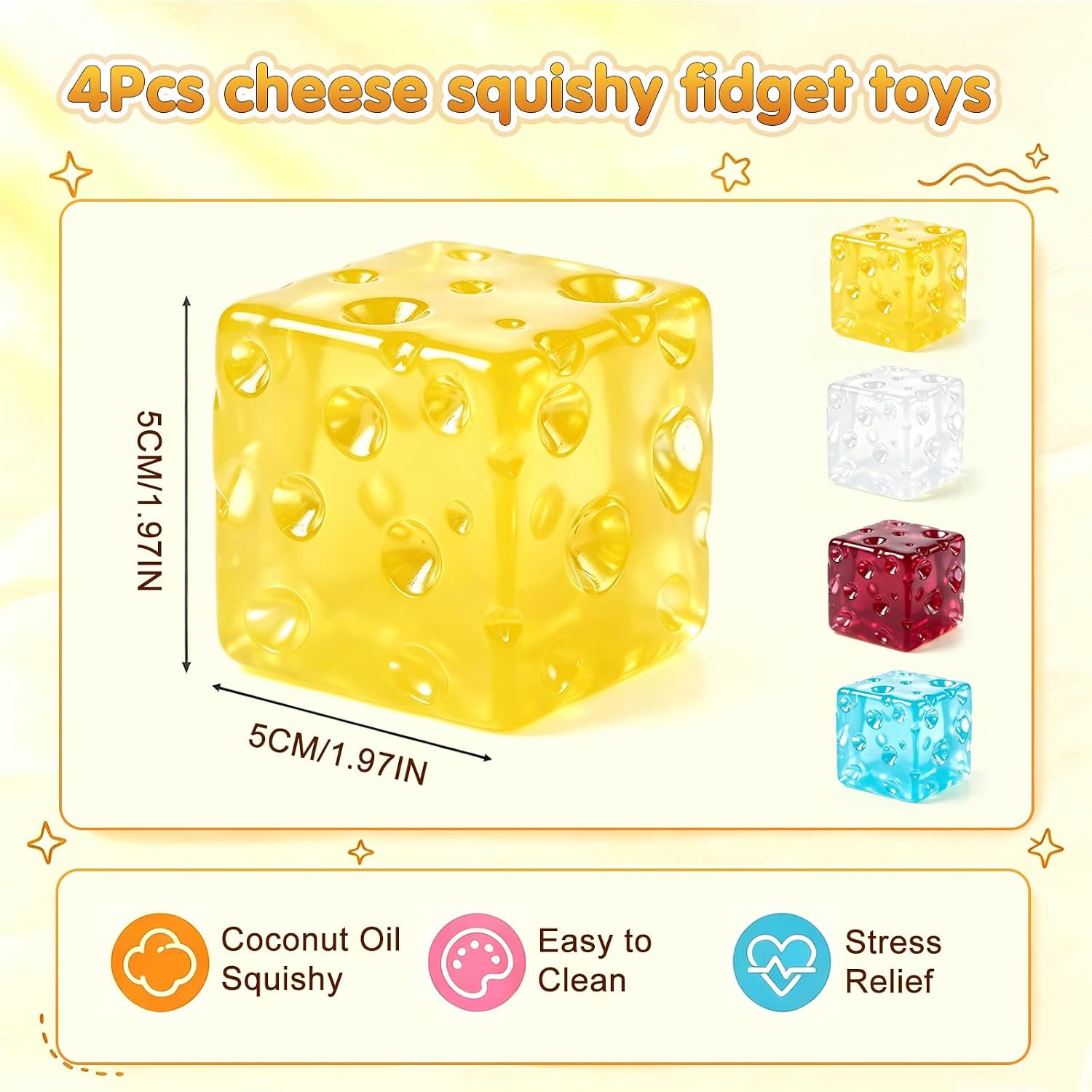 Detalle de SWUGIXO Coconut Oil Cheese Squishy Fidget Toys, 4-Pack, 2.4-Inch No-Rebound TPR