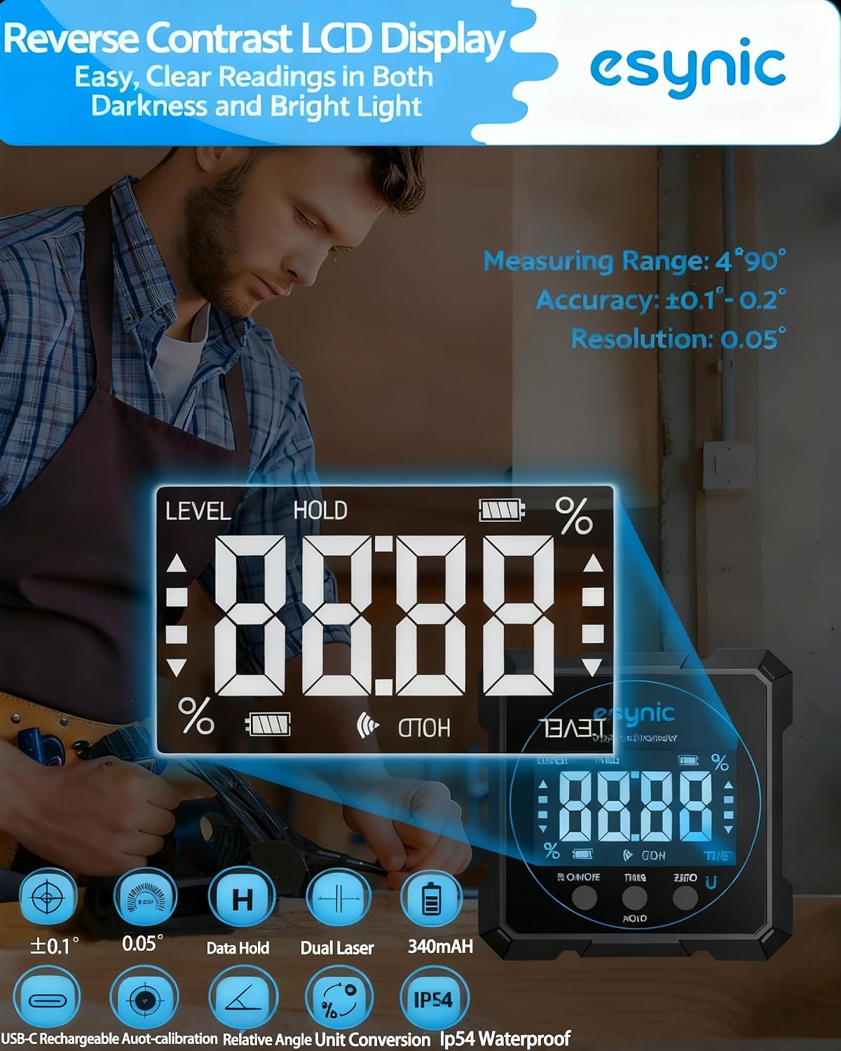 Detalle de eSynic 5342S Digital Angle Finder with Dual Lasers, USB-C and 4-Side Magnets