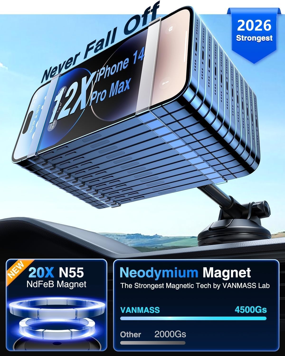 Thumbnail 2 de VANMASS Magnetic Car Phone Holder (MagSafe) with NdFeB magnets, suction mount and aluminium telescopic arm