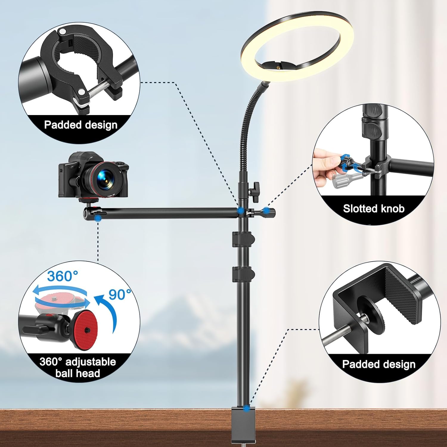 Thumbnail 2 de Overhead Camera Desk Mount (13.4–42.5 in) with gooseneck arm and C-clamp for webcam, DSLR & ring light
