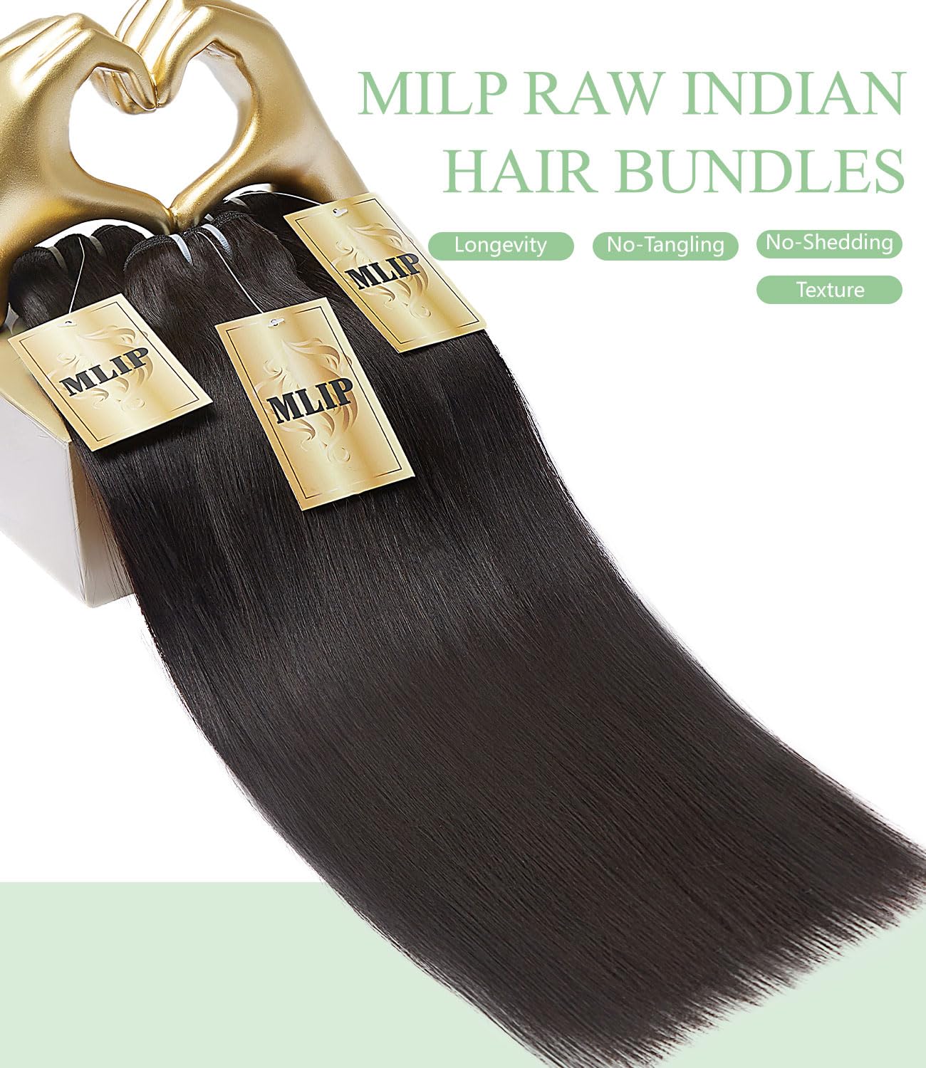 Detalle de MLIP Raw Bundles Human Hair Straight (No Tangle/Shedding) 16A Raw Indian Hair, 16/18/20 Inches – Triple Lifespan 3X