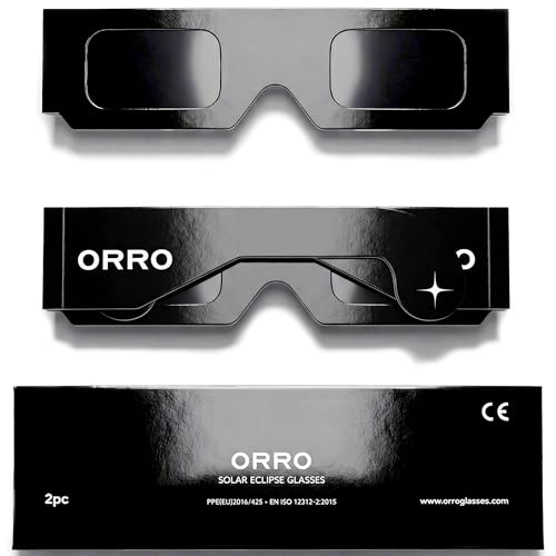 Detalle de ORRO Gafas para Eclipse Solar 37 mm — Pack 2/6/12/50, negras, certificadas EN ISO 12312-2:2015 y CE