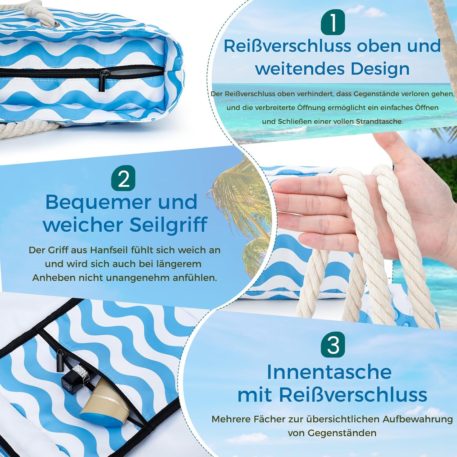 Detalle 2 de benpen Strandtasche XXL – Große faltbare Badetasche mit Reißverschluss für Familie