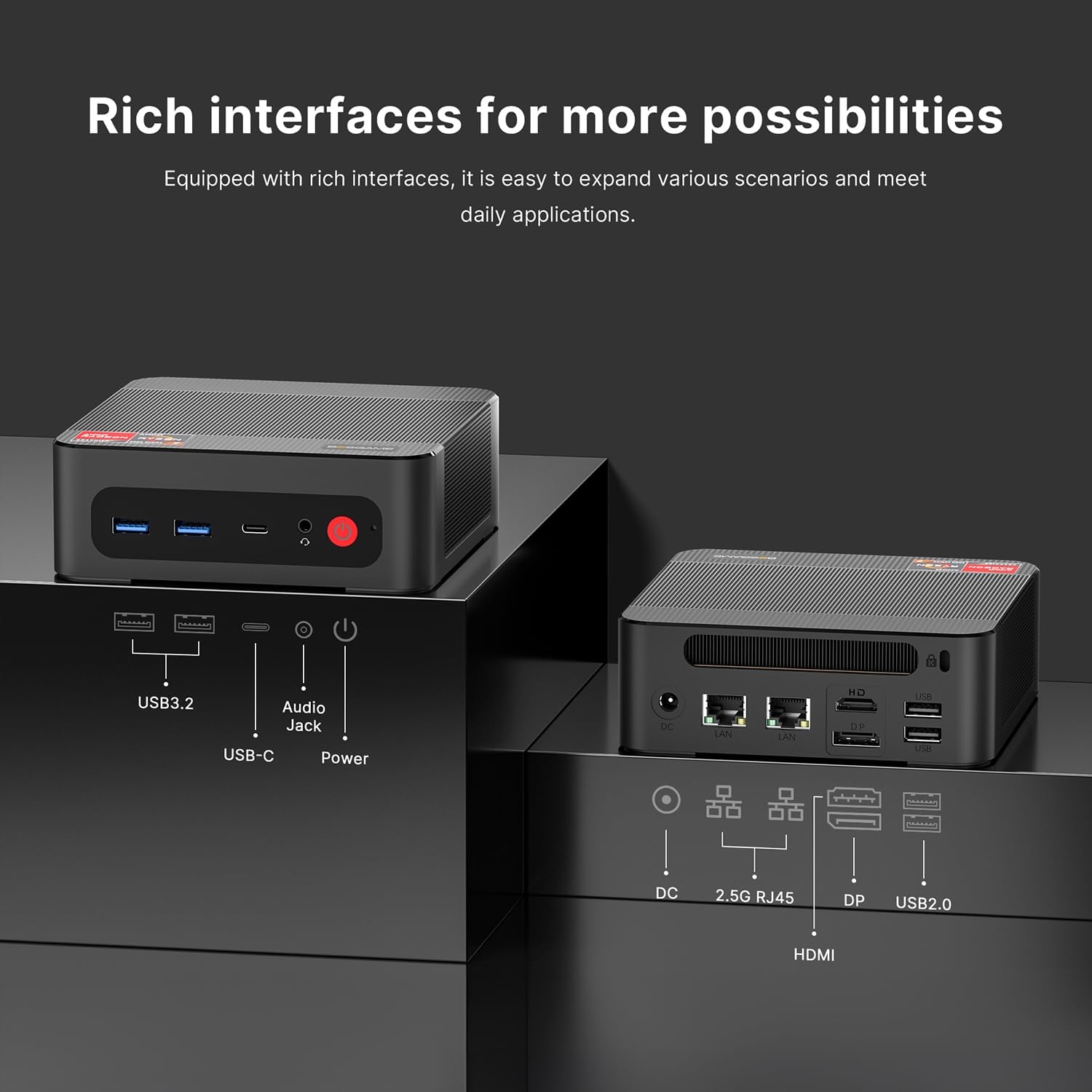 Detalle de BOSGAME P4 Ultra Mini PC with AMD Ryzen 7 7730U, 16GB RAM and 1TB NVMe, Dual 2.5G LAN, Wi‑Fi 6E
