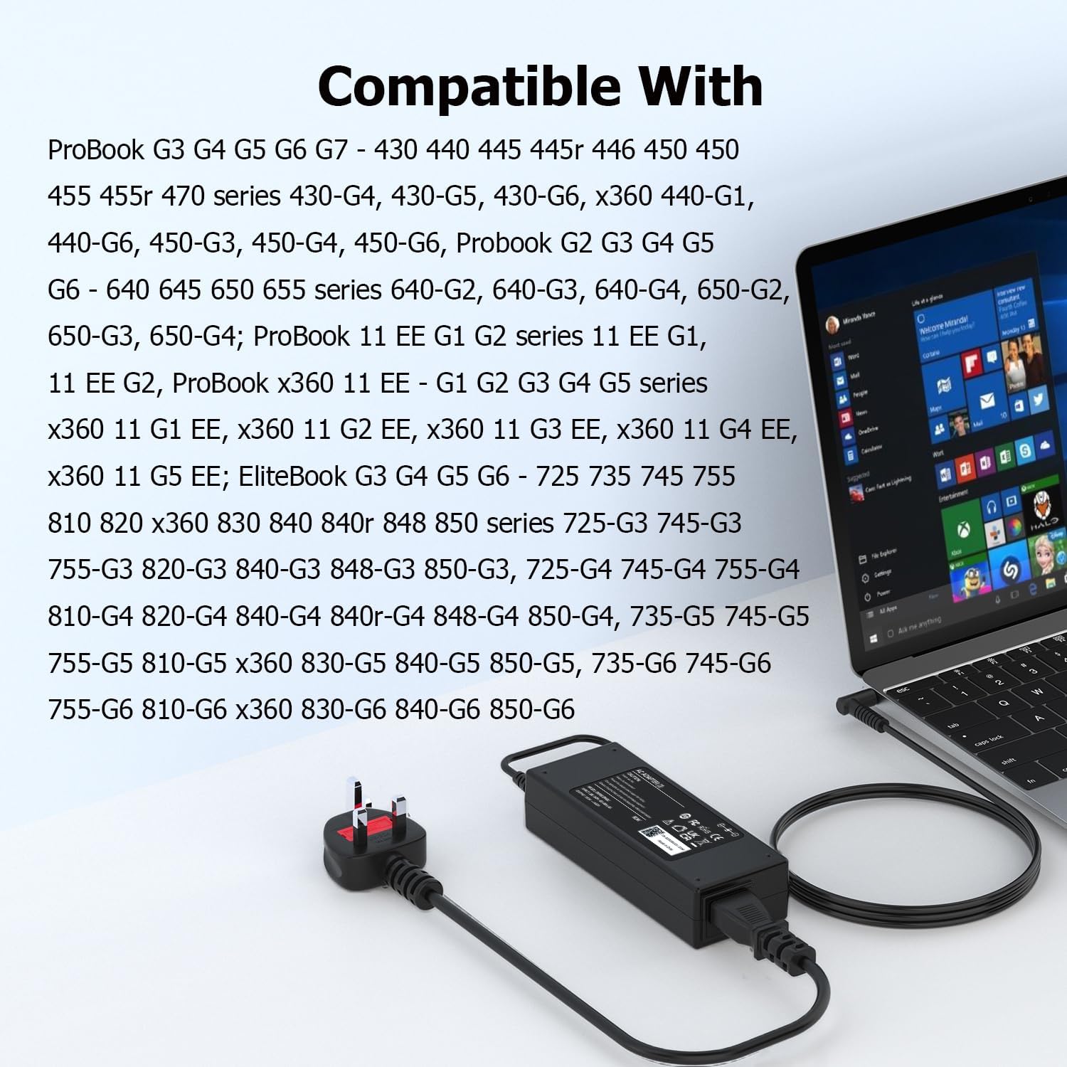 Detalle 2 de VUOHOEG HP laptop charger (blue tip 4.5mm × 3.0mm) 90W/65W/45W UK power adapter