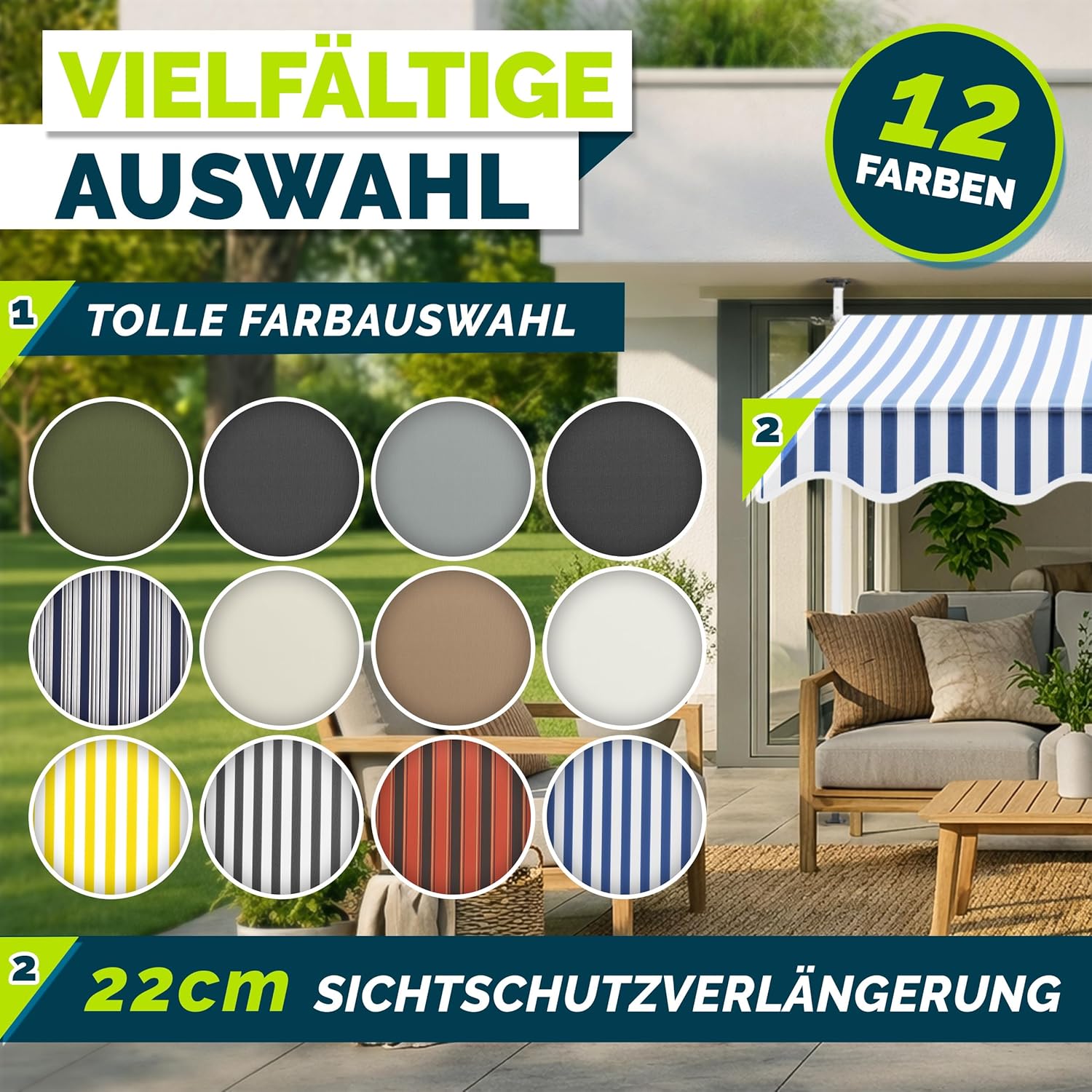 Thumbnail 6 de tillvex Klemmmarkise mit Handkurbel für Balkon, Terrasse & Garten (ohne Bohren) – Blau-Weiß, 250 cm