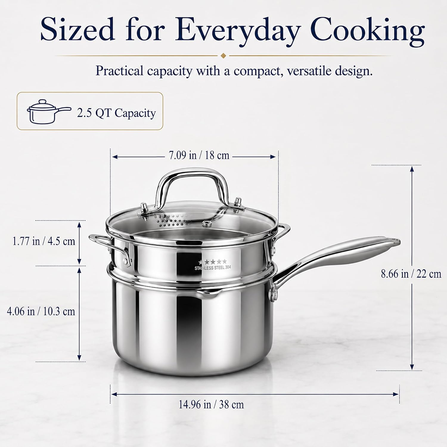 Detalle de Cyrosa Tri-Ply Stainless Steel Pot with Steamer, 2.5 QT, Glass Lid