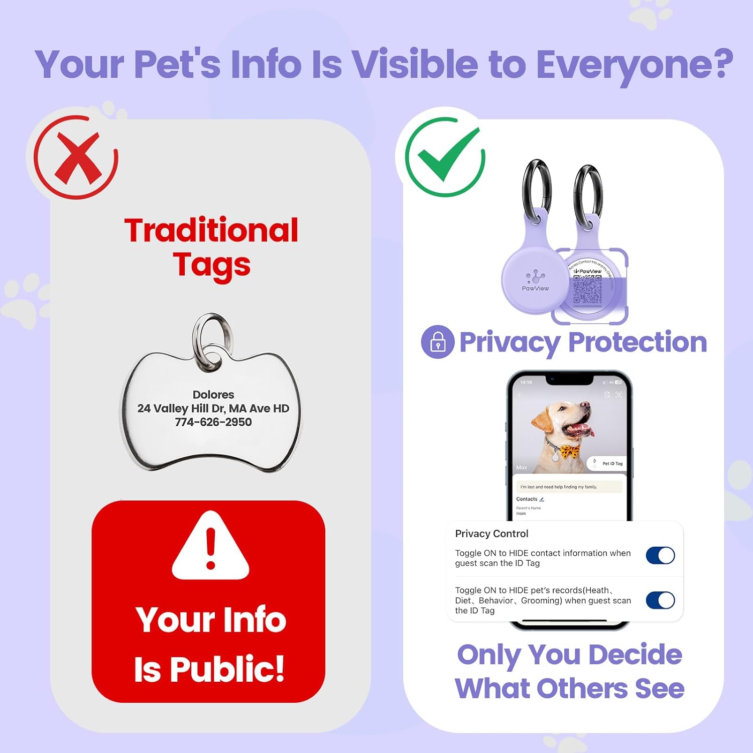 Detalle 2 de PawView QR Code Pet ID Tag (UK) – Waterproof Silicone Dog Identity Tag with QR/NFC Instant Alerts (Purple)