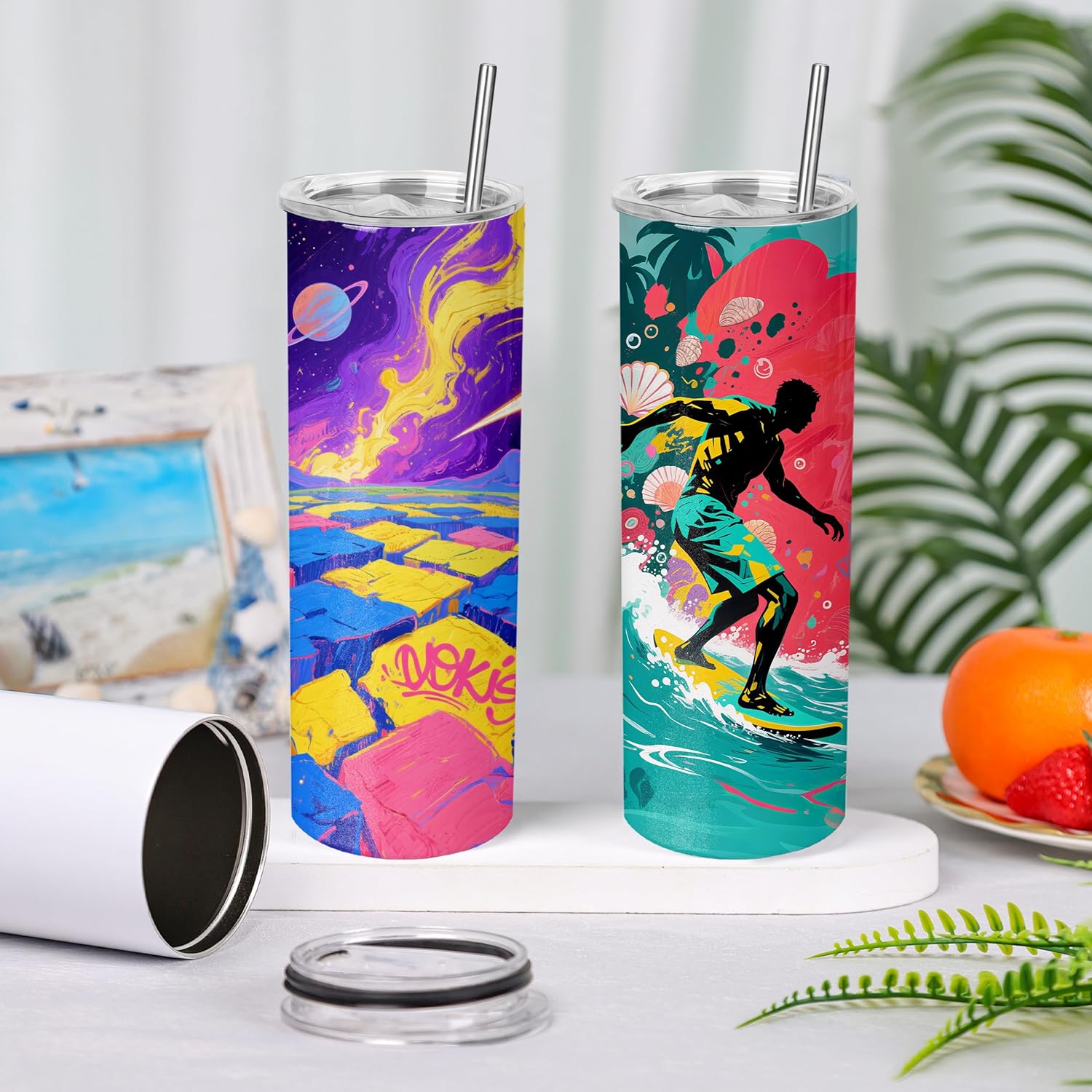 Detalle de Joyclub 16-Pack 20 oz Sublimation Tumbler Blanks (Flat Edge, Skinny Straight) with Lids & Straws