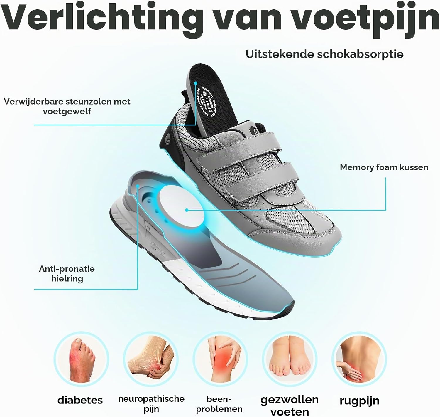 Thumbnail 4 de FitVille Rebound Core V8 extra brede wandelschoenen met klittenband voor heren