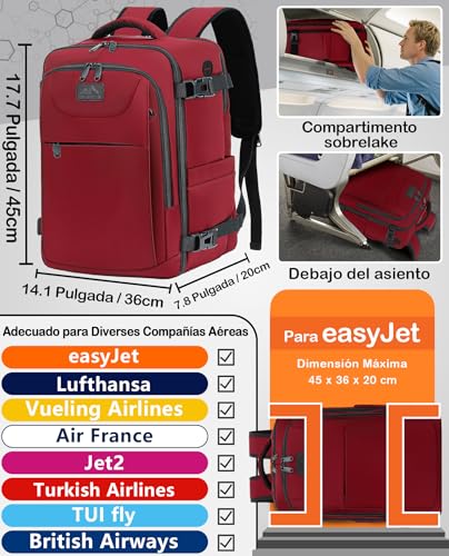 Thumbnail 1 de LYNXCHER Mochila de Cabina 45x36x20 cm para EasyJet, 30L, Rojo Oscuro