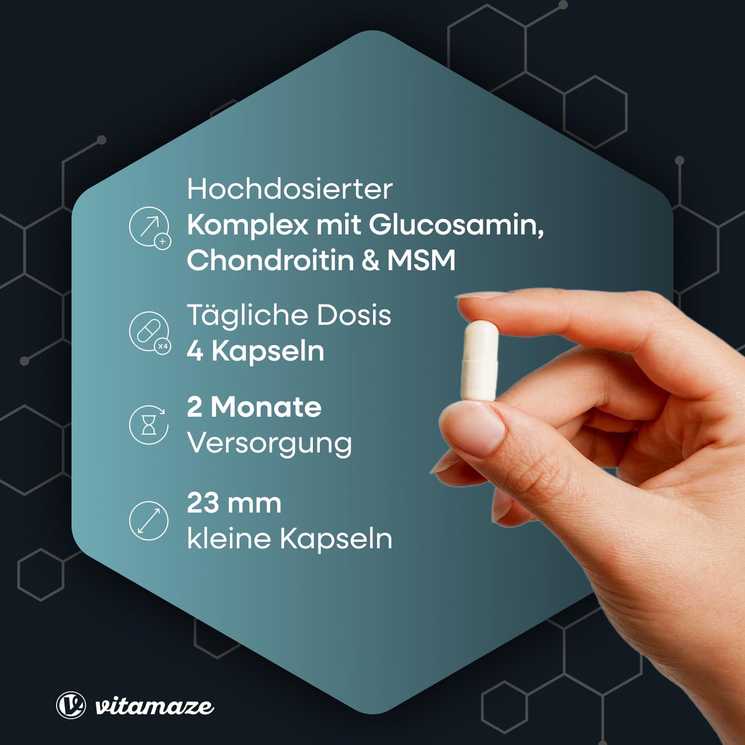Detalle 2 de VITAL-Komplex mit Glucosamin, Chondroitin, MSM & Vitamin C – hochdosiert, 240 Kapseln (Made in Germany)