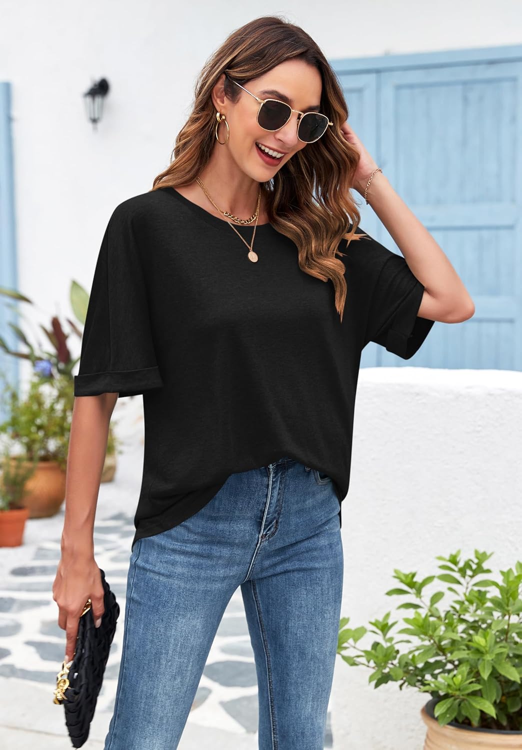 Thumbnail 4 de WNEEDU Oversize Shirt Damen Rundhals Kurzarm