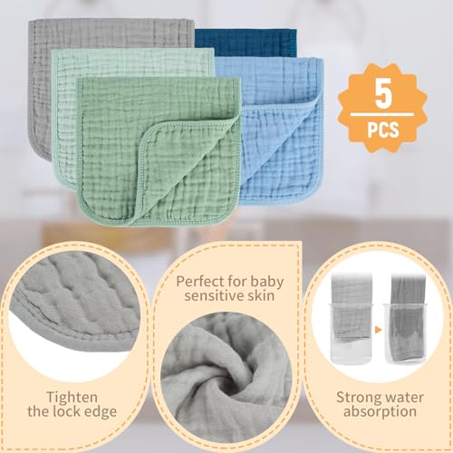 Detalle 2 de MIGIOL Baby Burp Cloths 5-Pack – 100% Cotton Muslin, 10x20 inches, Blue & Green