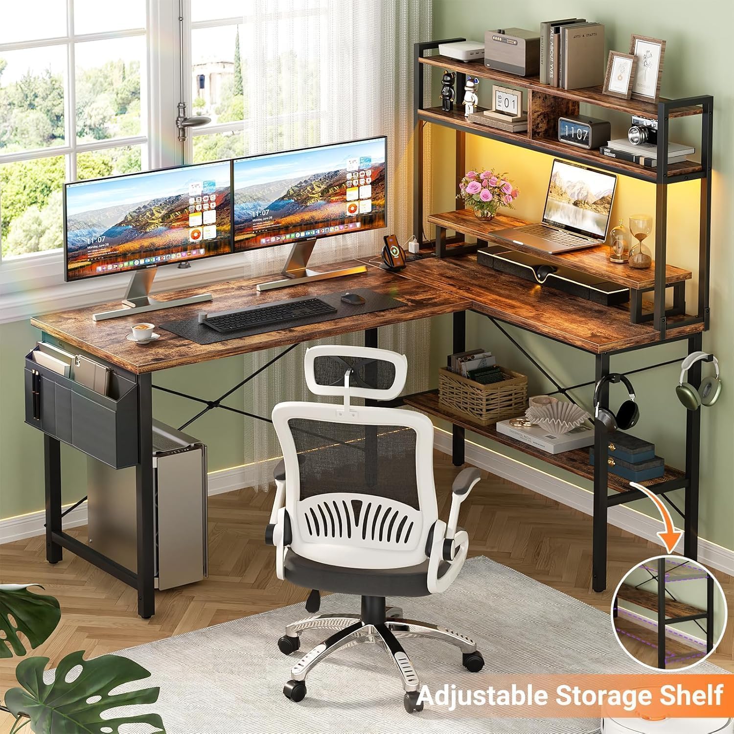 Detalle de iSunirm L-Shaped Gaming Desk with Power Outlets & LED Lights – Brown