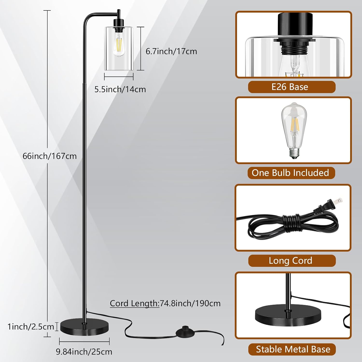 Thumbnail 5 de Lanburch XLGZ-L1-002BK Floor Lamp with Clear Glass Shade and Foot Switch