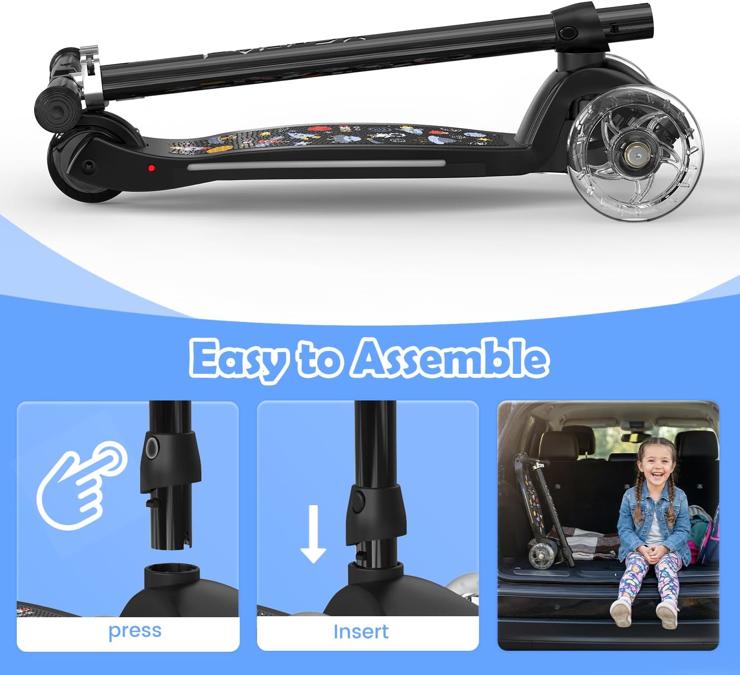 Detalle 2 de TONBUX Monopattino Bambini 3-8 Anni con Ruote e Vassoio Luminoso – Lean-to-Steer e Altezza Regolabile