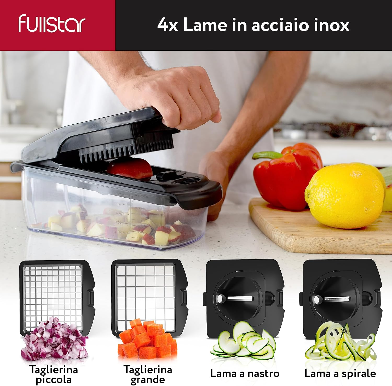 Detalle de Fullstar Taglia Verdure e Spiralizzatore 9-in-1 in Inox Nero – Tagliaverdure e Tritatutto Multifunzione