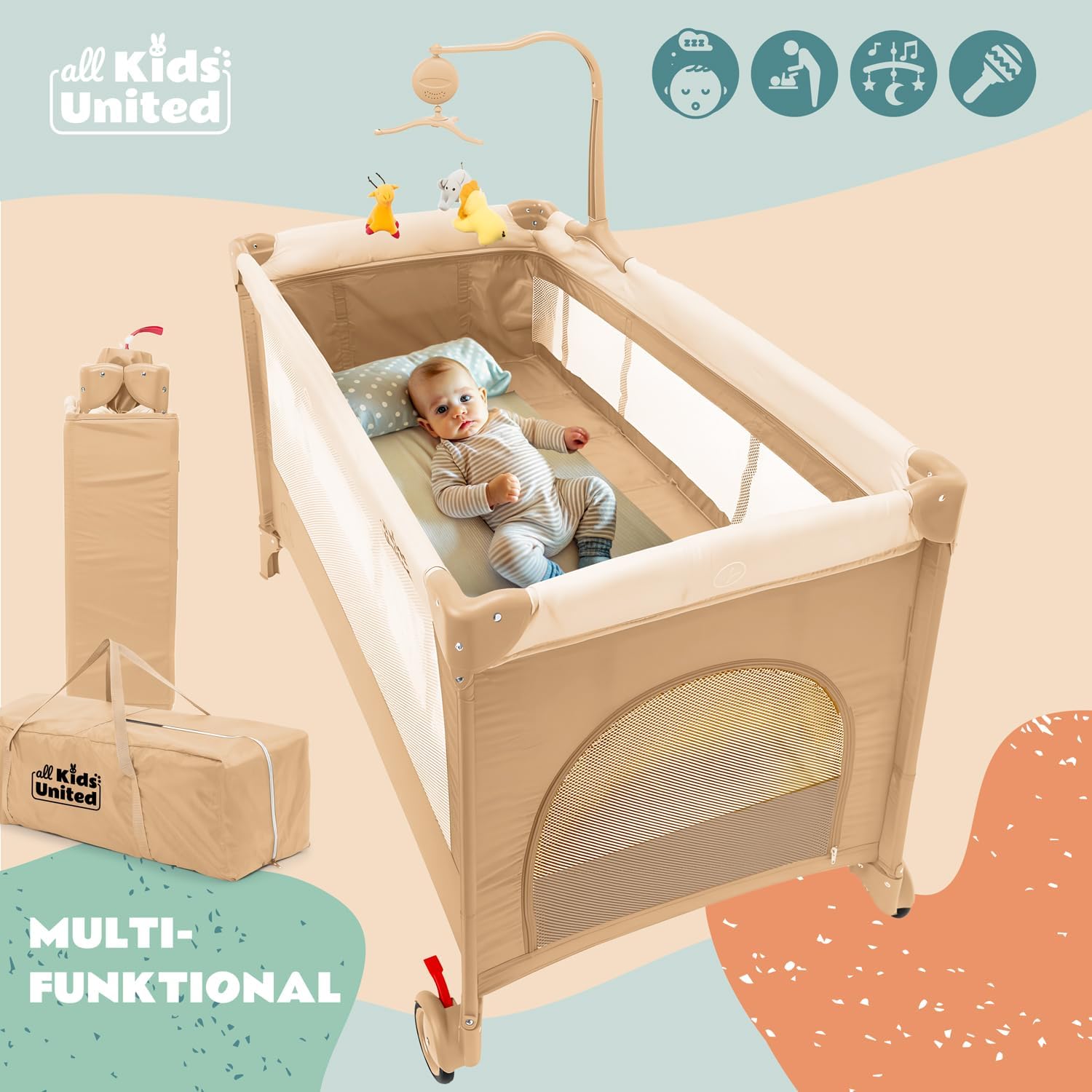 Thumbnail 2 de all Kids United® Baby Reisebett Babybett (Beige) mit Matratze, Wickelauflage, Musikspiel und Mobile