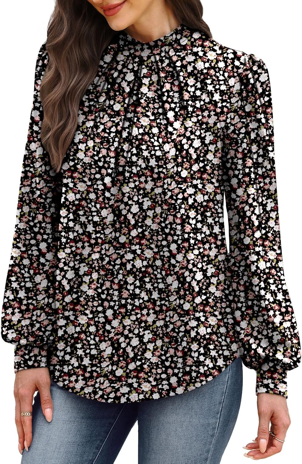 Detalle de WIHOLL Long Sleeve Shirt for Women with Mock Neck and Pleated Front