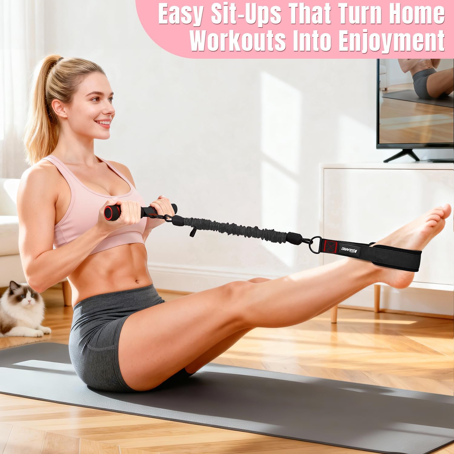 Detalle 2 de KUZARO Upgraded Multifunction Pedal Resistance Band with Handle — 3-Tube Adjustable 30–90 lb, Full-Body Sit-Up & Pilates Kit for Women