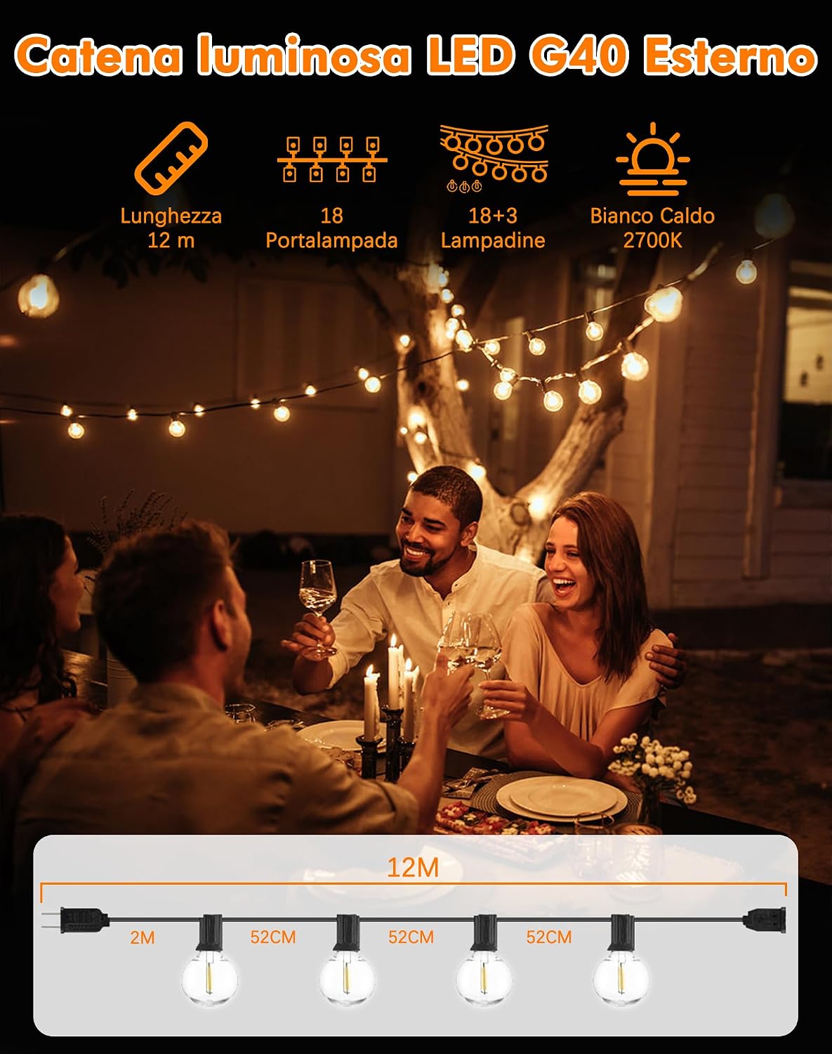 Detalle de ROVLAK Catena Luminosa Esterno 12M con 18+3 LED G40 IP44, luce calda 2700K per giardino e terrazza