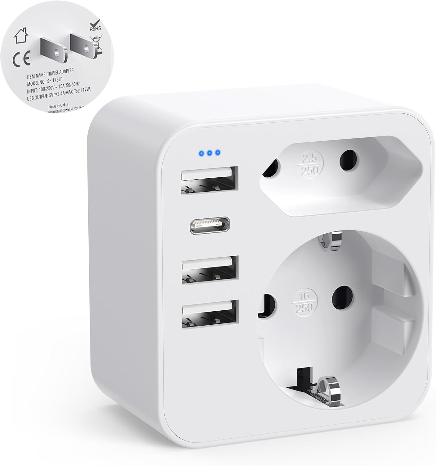 Detalle de Reiseadapter Japan 6-in-1: 2 Schuko, Typ C und 3 USB – kompakt, sicher und vielseitig
