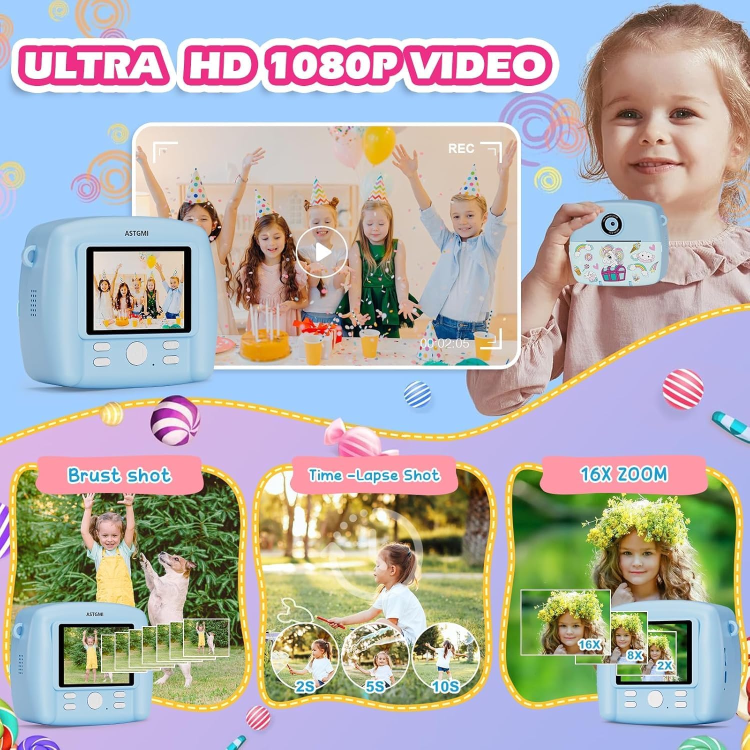 Detalle de Sofortbildkamera Kinder – Kompaktkamera mit Sofortdruck, 1080P HD, perfekt für kleine Entdecker