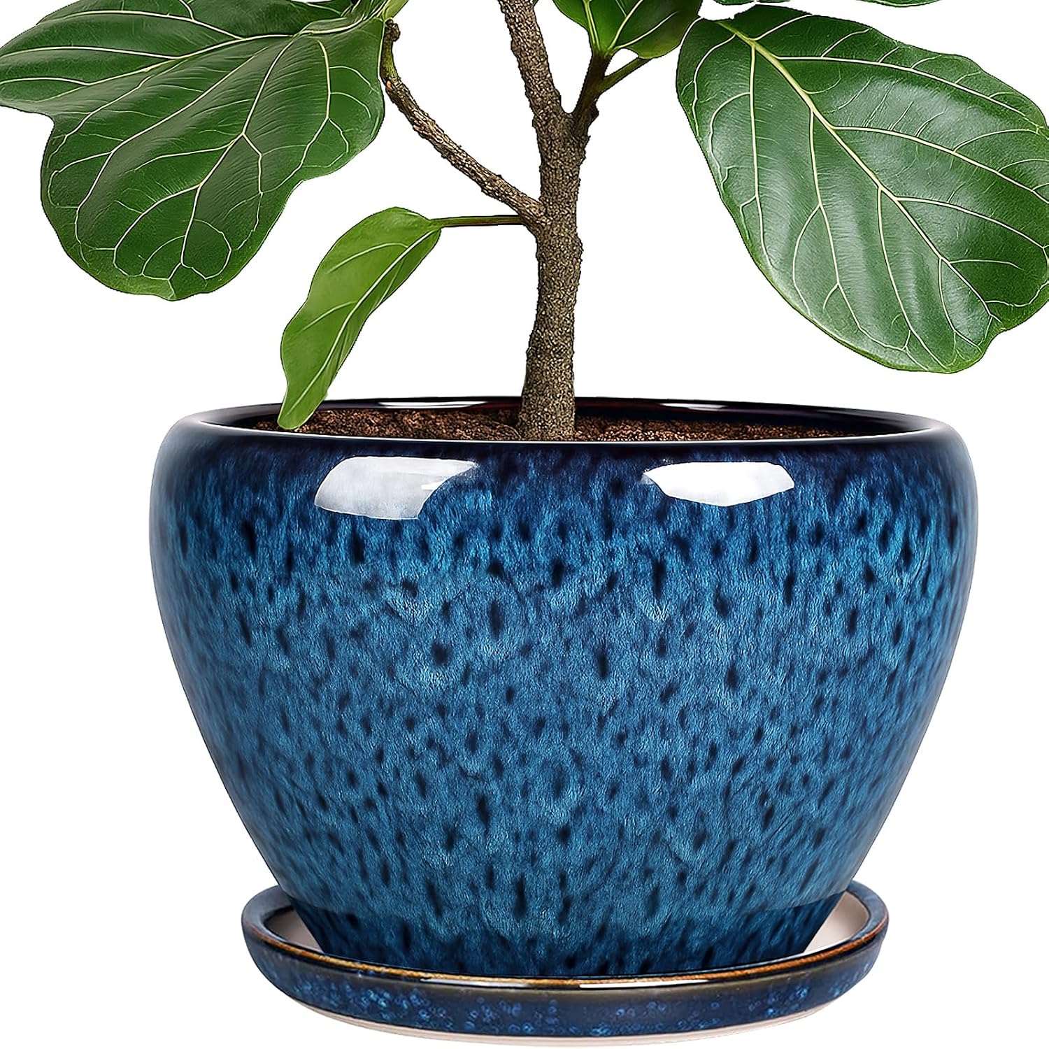 Detalle de Deep Dream 10-Inch Ceramic Planter with Blue Glaze, Drainage Hole and Tray