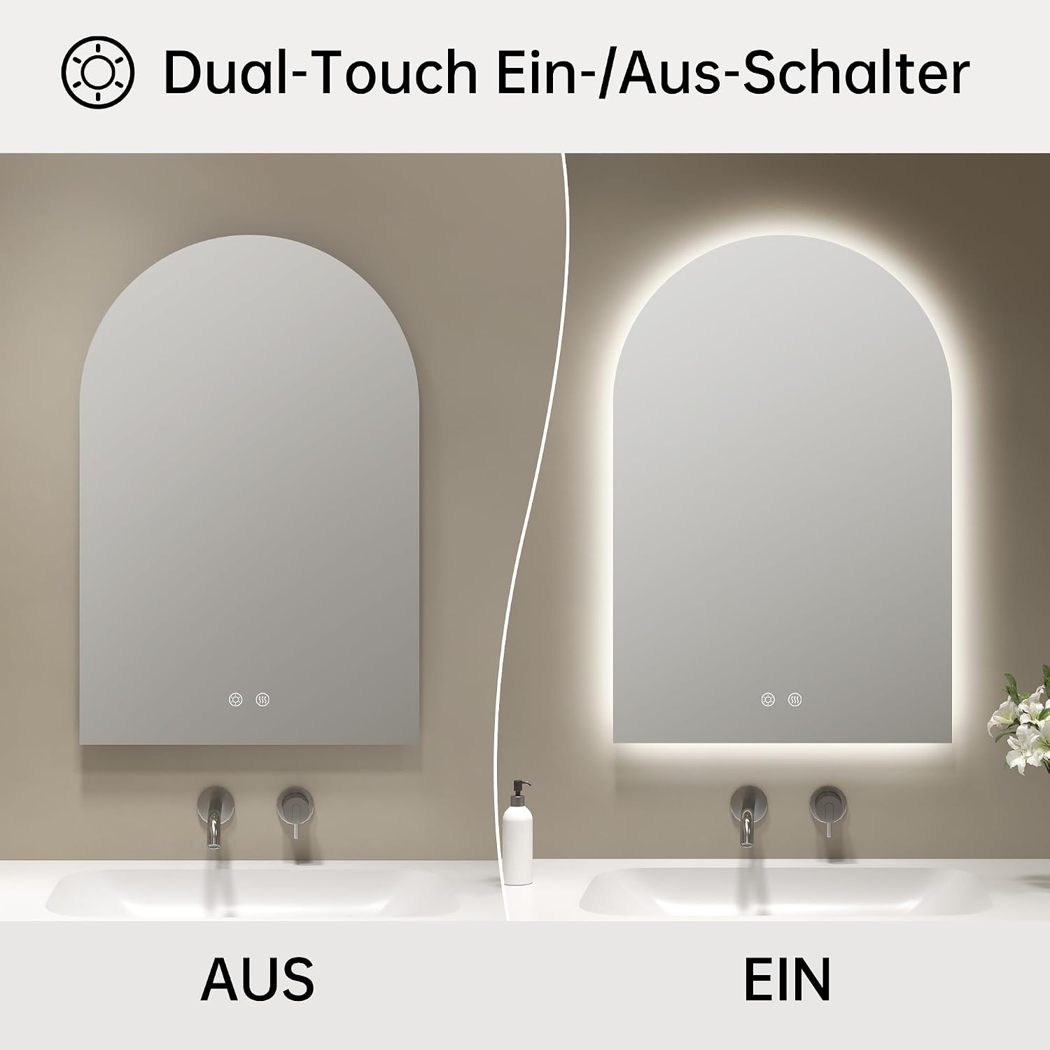 Detalle de OUMUSU Badspiegel mit Beleuchtung Bogen 50x75 cm – rahmenlos, beschlagfrei per Heizung & Touch, dimmbar