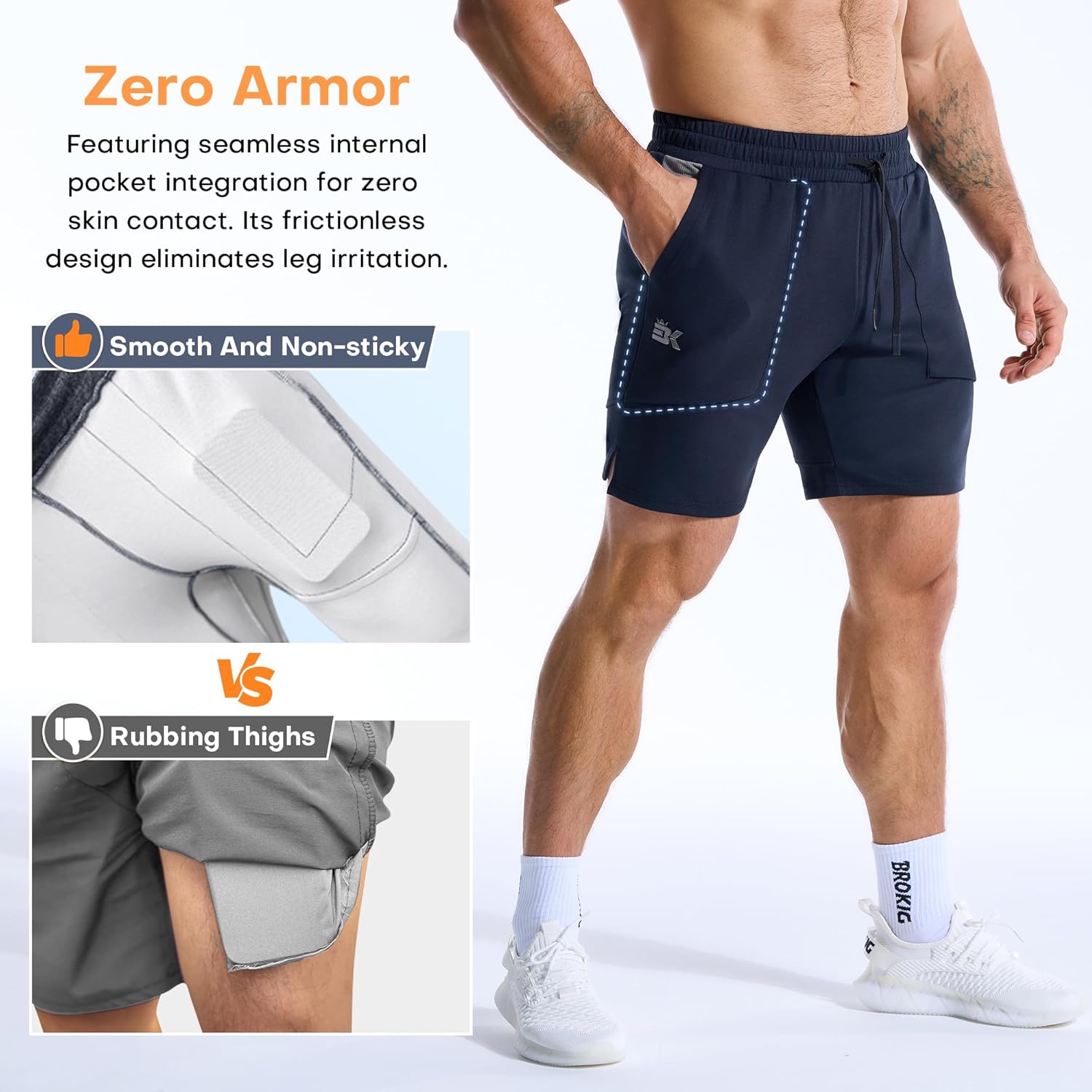 Thumbnail 2 de BROKIG Mens Zero Armor Gym Shorts with Zip Pockets – running, workout and gym training shorts