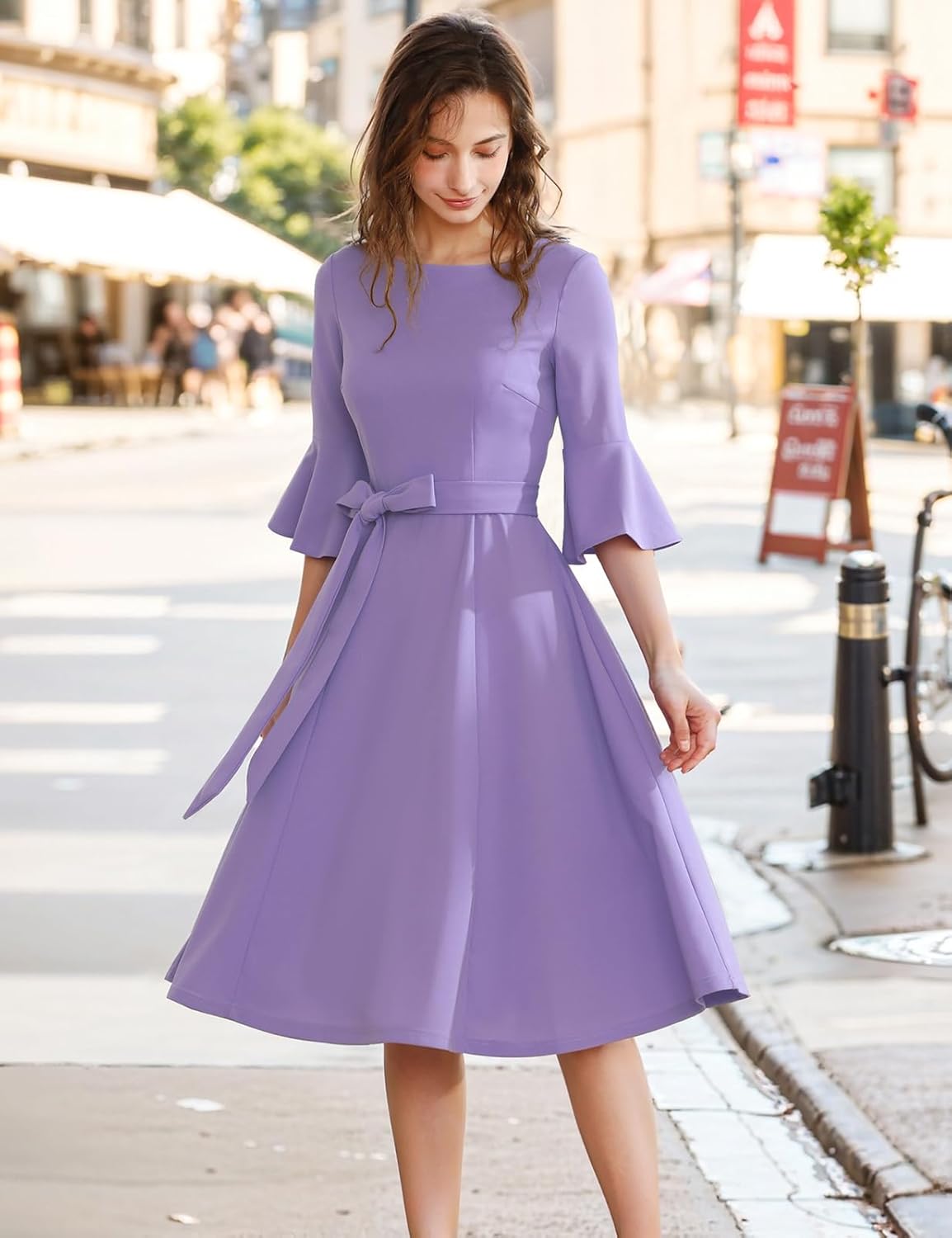 Thumbnail 2 de HomRain Women’s Modest Church Dress with Bell Sleeves, Vintage A-Line Midi