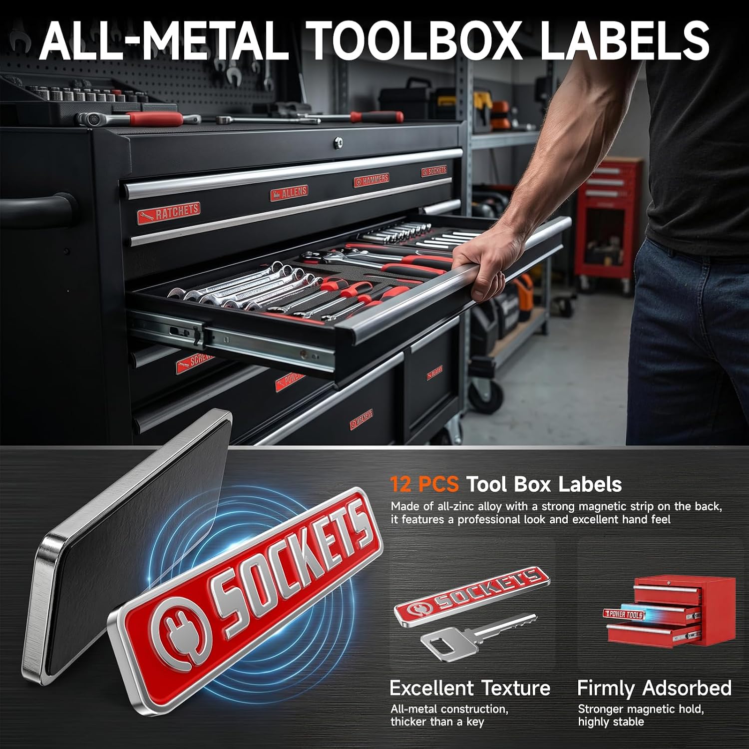 Detalle de VTRUSTA Toolbox Labels, 12-Piece Magnetic Metal Tool Box Labels, Red
