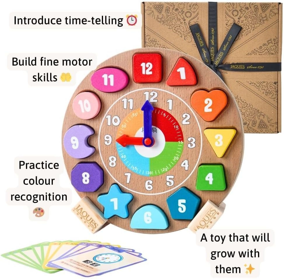 Detalle de Jaques of London Wooden Kids Learning Clock with Daily Routine Cards — a Montessori-style teaching clock for toddlers and preschoolers