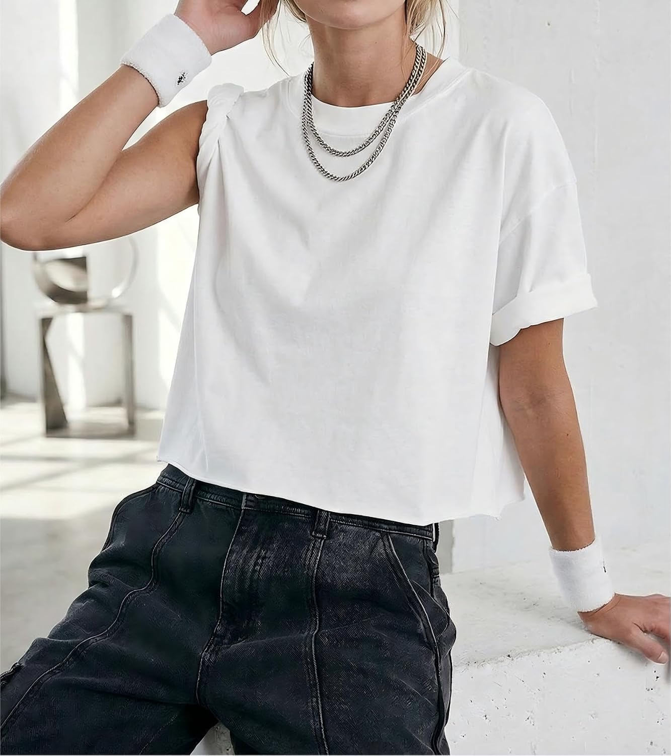 Thumbnail 1 de AirMood Oversize Workout Crop T-Shirt Tops Oversized – Hoodie-kompatibles Basic-Teil für casual Looks