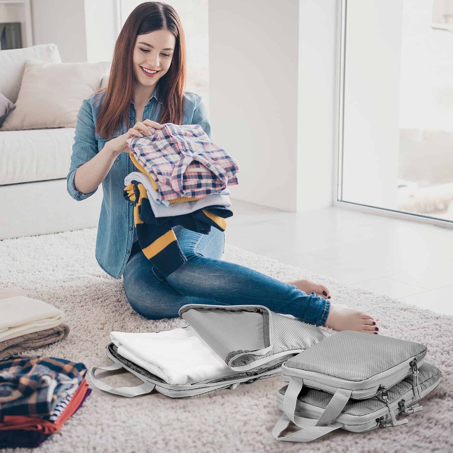 Thumbnail 6 de Compression Packing Cubes Grey – Travel Storage Bag Set of 4 (Compression Organiser for Suitcase & Carry On)