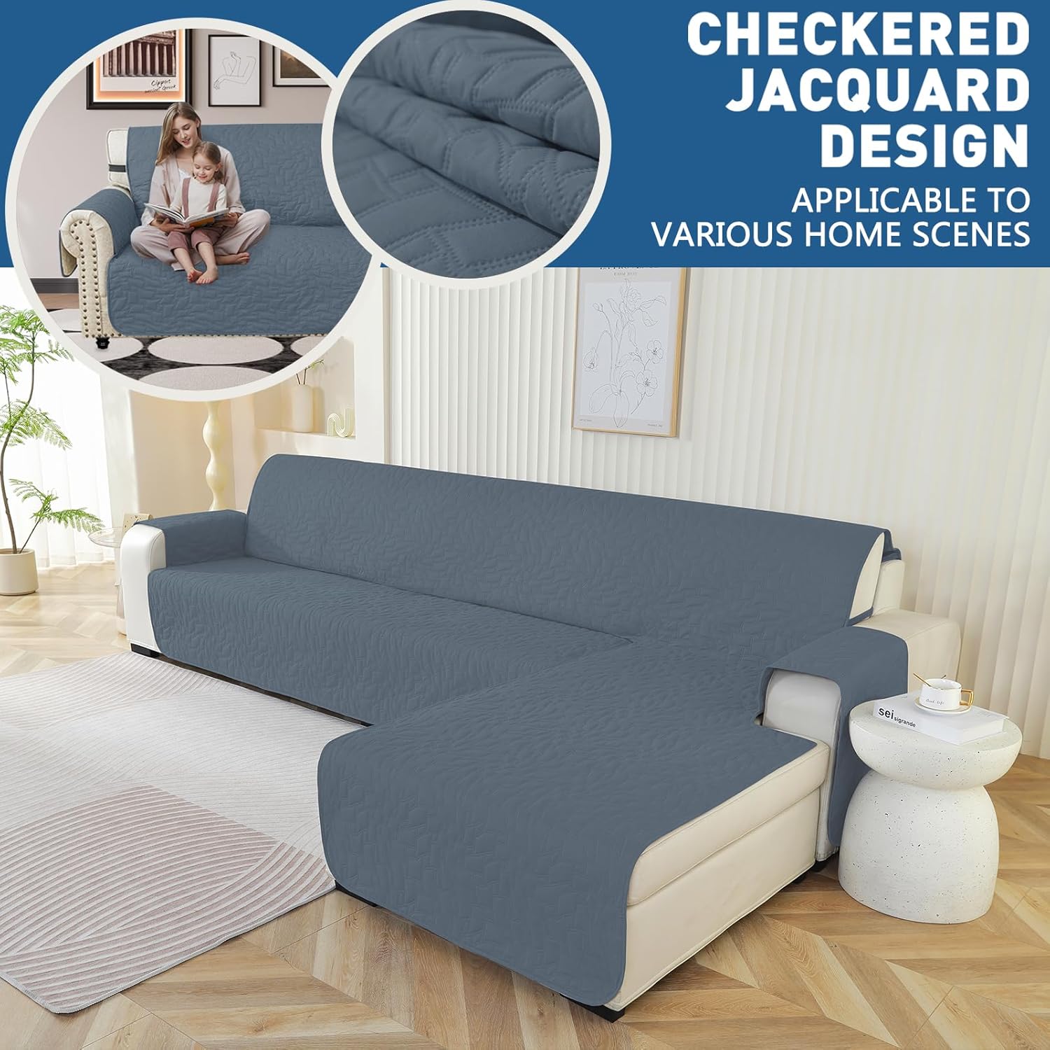 Thumbnail 2 de Housse de canapé d’angle 3 places Ystyle – protection imperméable, réversible et antidérapante (255 cm, bleu gris)