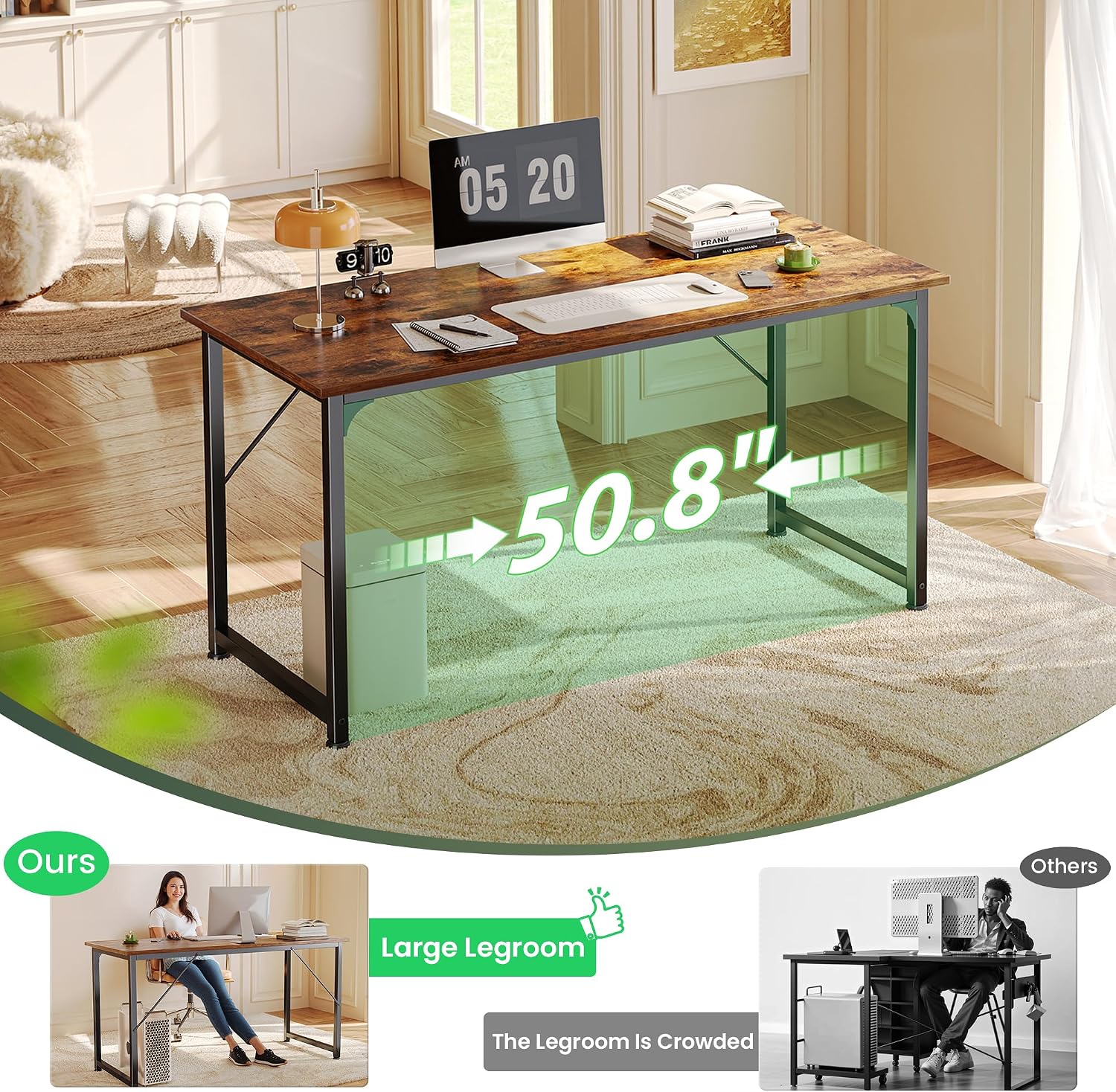 Detalle 2 de Huuger Rustic Brown Computer Desk with Metal Frame and Spacious Worktop