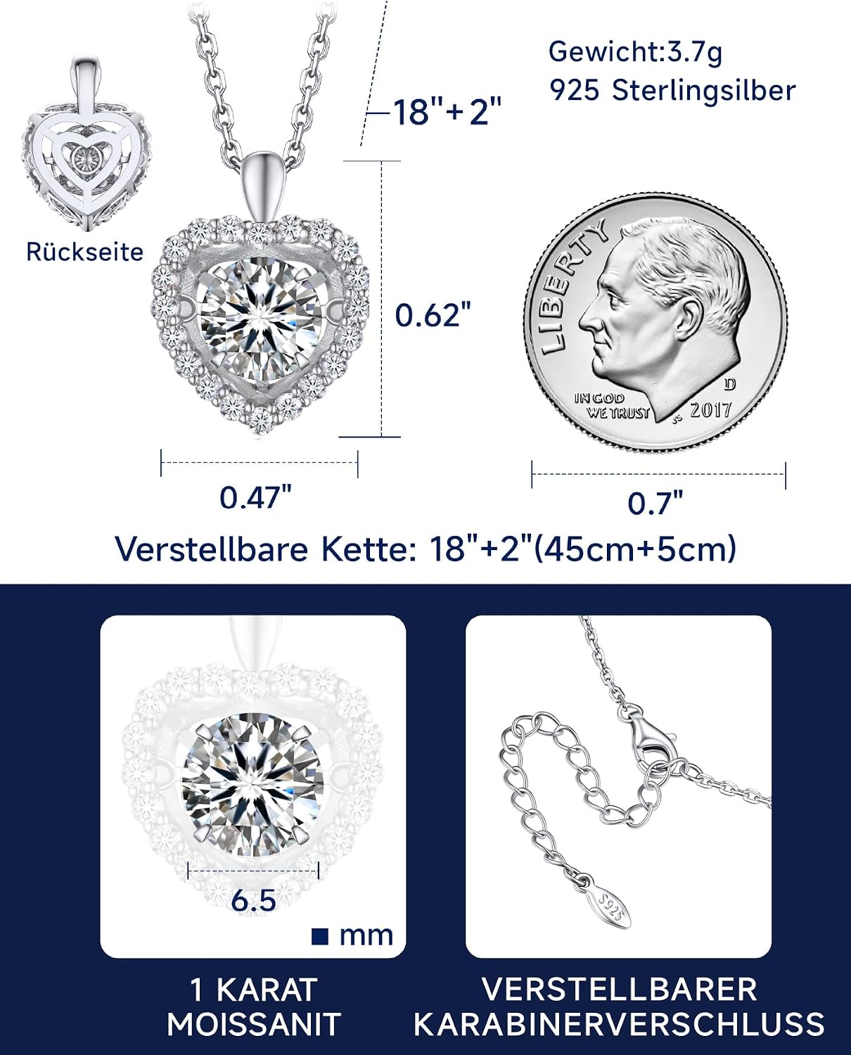 Thumbnail 6 de MomentWish Halskette Damen mit 1 Karat Moissanit – 925 Silber Herzanhänger für Funkeln im Alltag