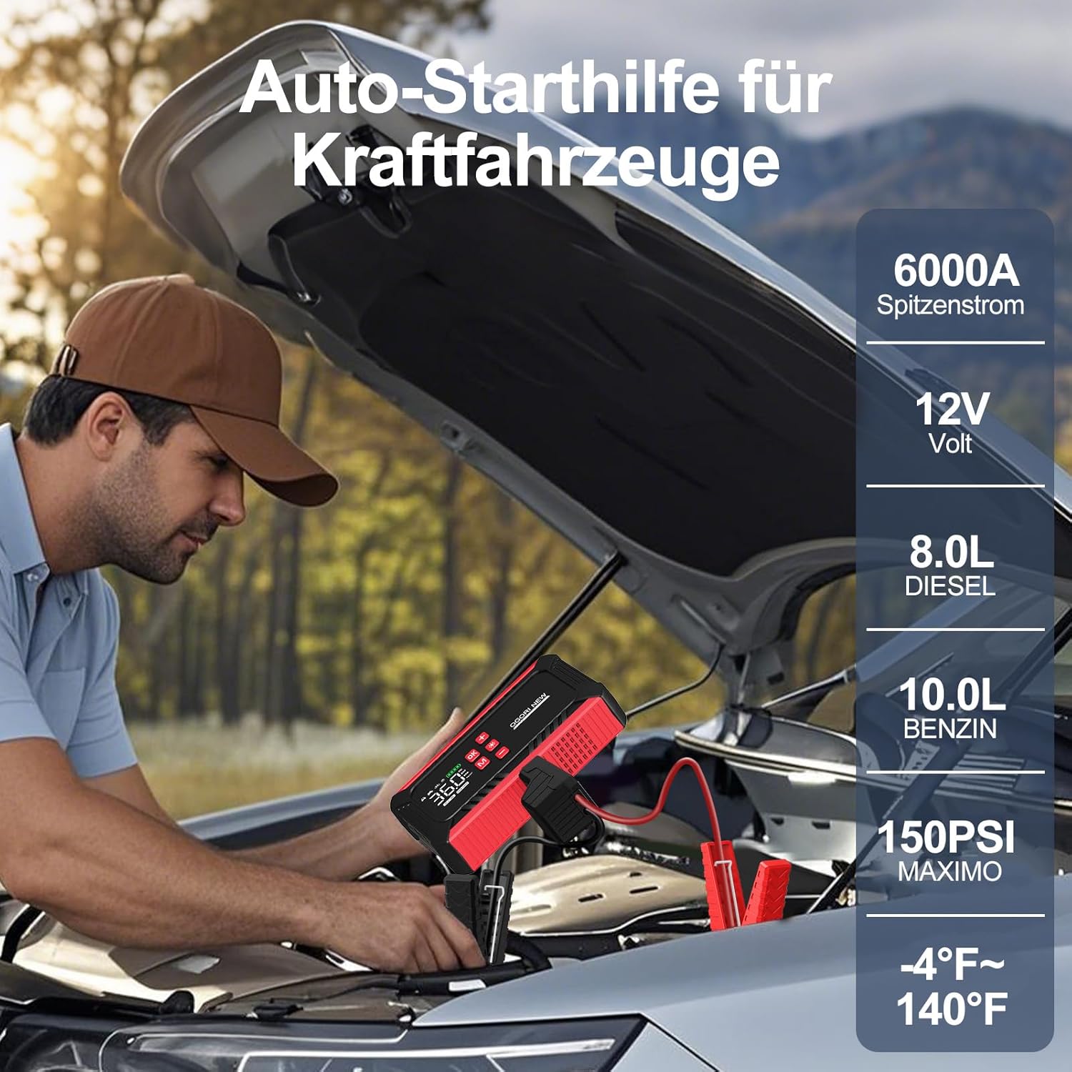 Detalle de OGORI NEW Starthilfe Powerbank 6000A mit 150 PSI Kompressor – All-in-One Notfallwerkzeug für Pkw, Motorräder und mehr